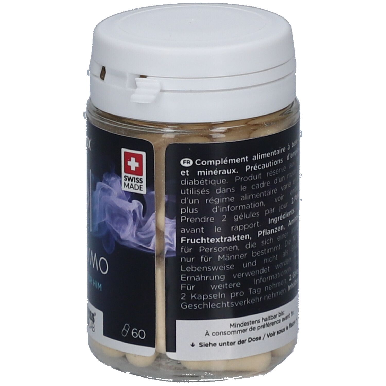Pot de gélules. Inscription: Alpx, Slowmo Delay for Him. Swiss Made. Logo Swiss Biolab. Texte multilingue.