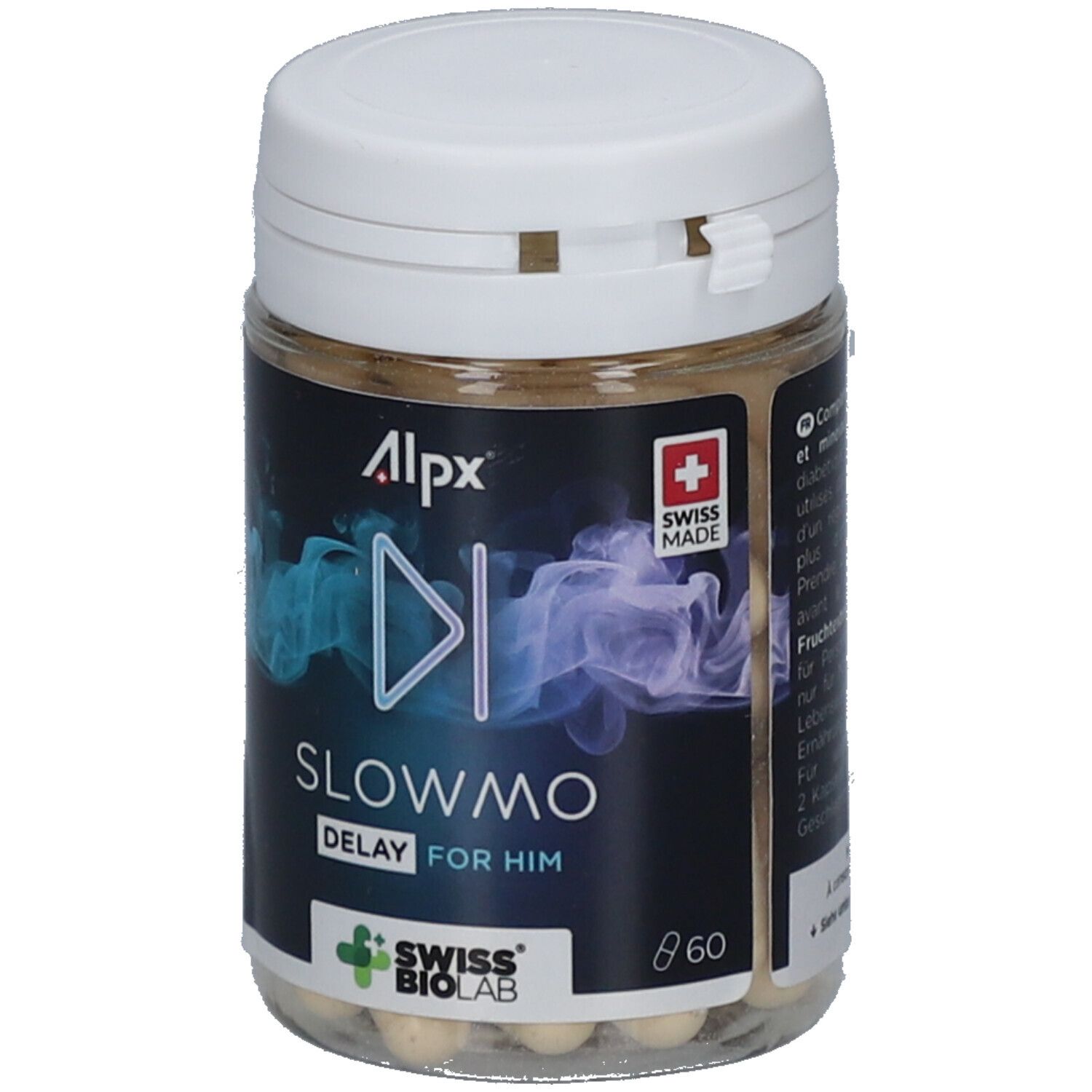 Pot de gélules. Inscription: Alpx, Slowmo Delay for Him. Swiss Made. Logo Swiss Biolab. Texte multilingue.
