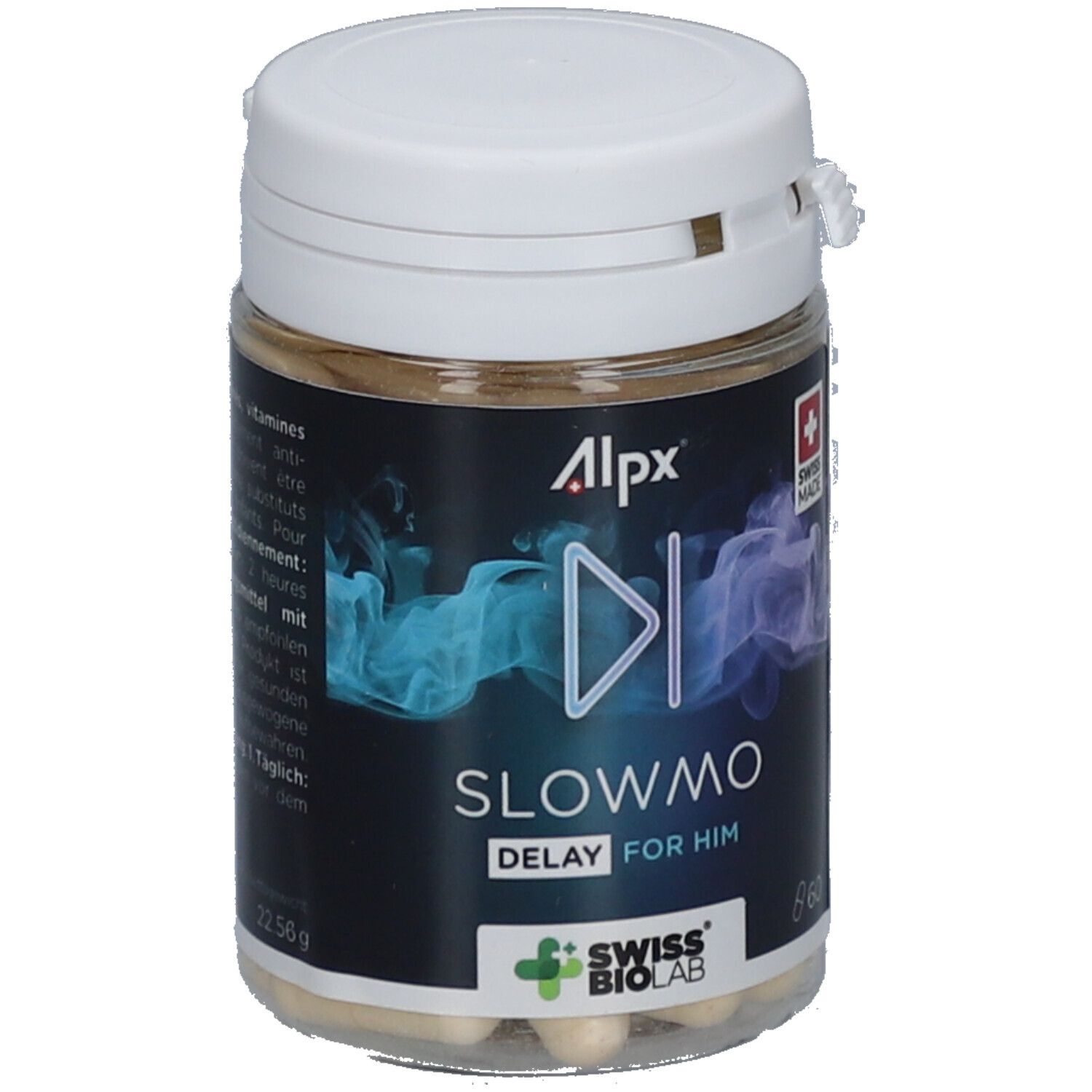 Pot de gélules. Inscription: Alpx, Slowmo Delay for Him. Swiss Made. Logo Swiss Biolab. Texte multilingue.