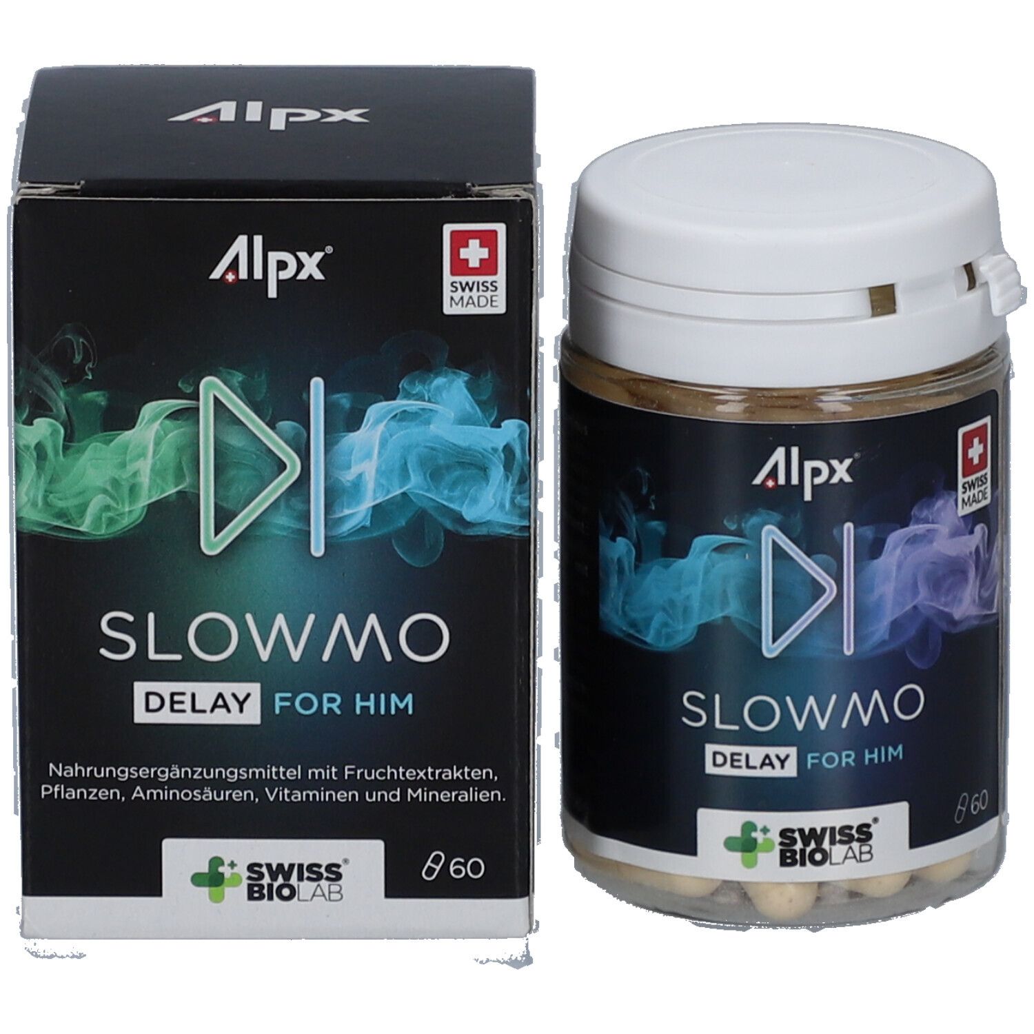 Emballage et pot de gélules. Inscription: Alpx, Slowmo Delay for Him. Swiss Made. Logo Swiss Biolab.