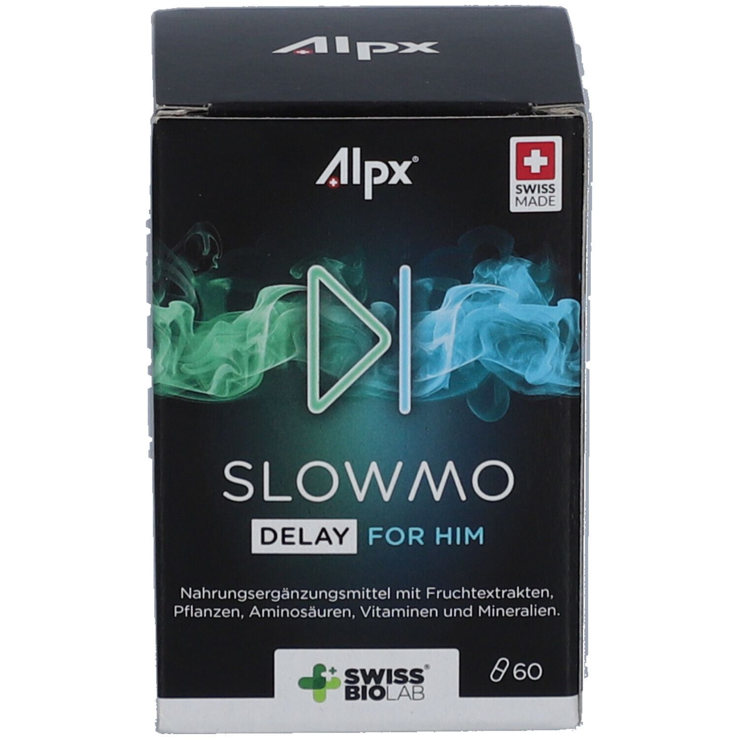 Emballage du produit. Inscription: Alpx, Slowmo Delay for Him. Swiss Made. Logo Swiss Biolab. Texte multilingue.