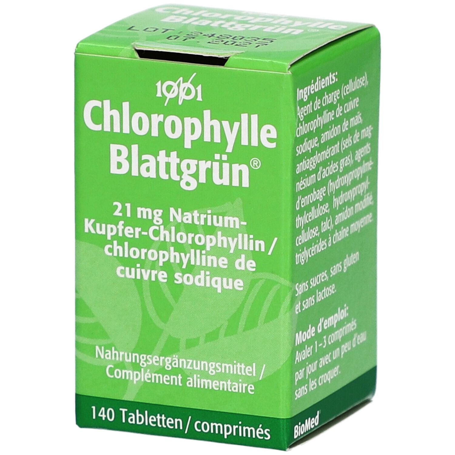 Grüne Schachtel mit "Chlorophylle Blattgrün" und Text in Deutsch und Französisch. 140 Tabletten.