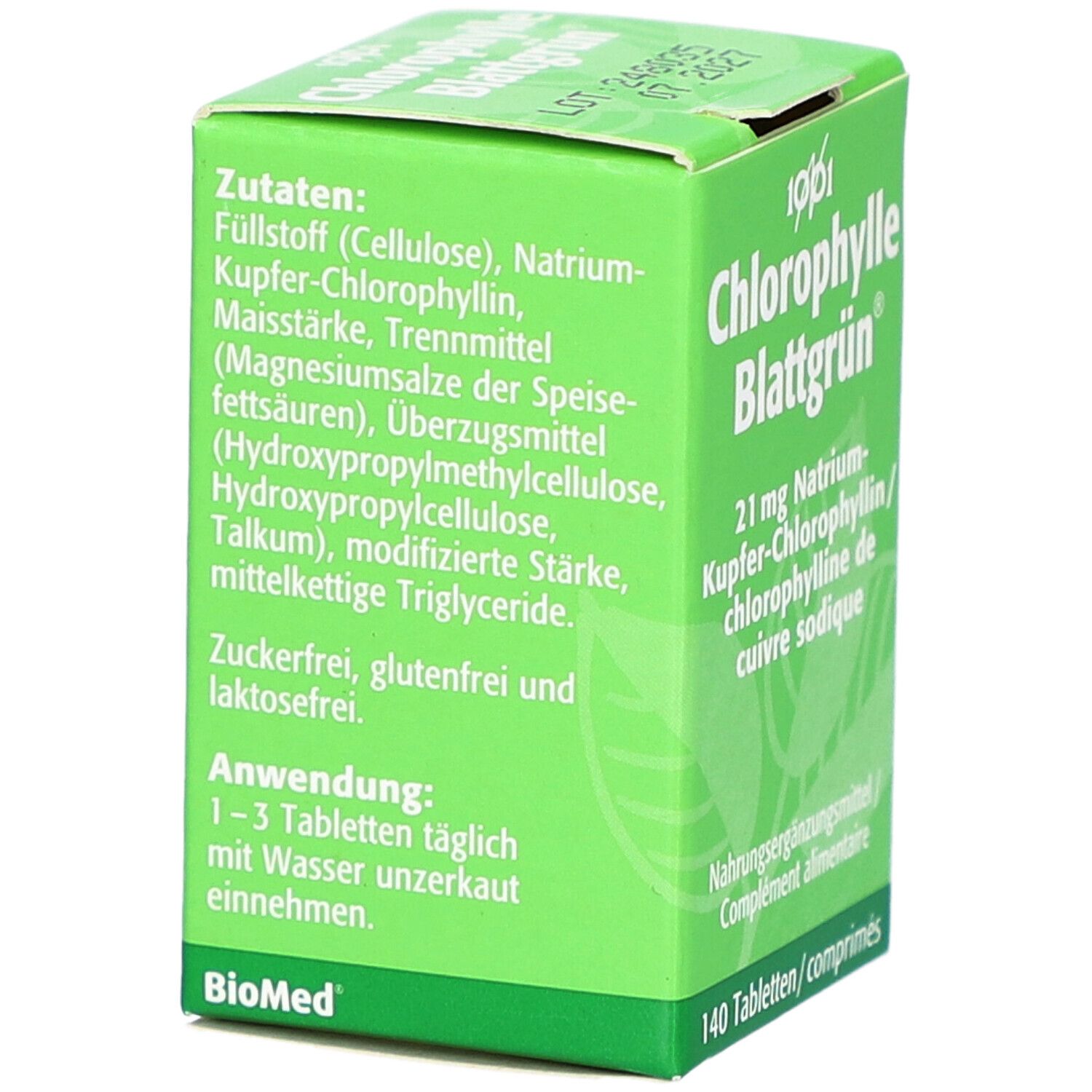 Grüne Schachtel mit Zutaten- und Anwendungshinweisen. Text in Deutsch. Marke: BioMed.