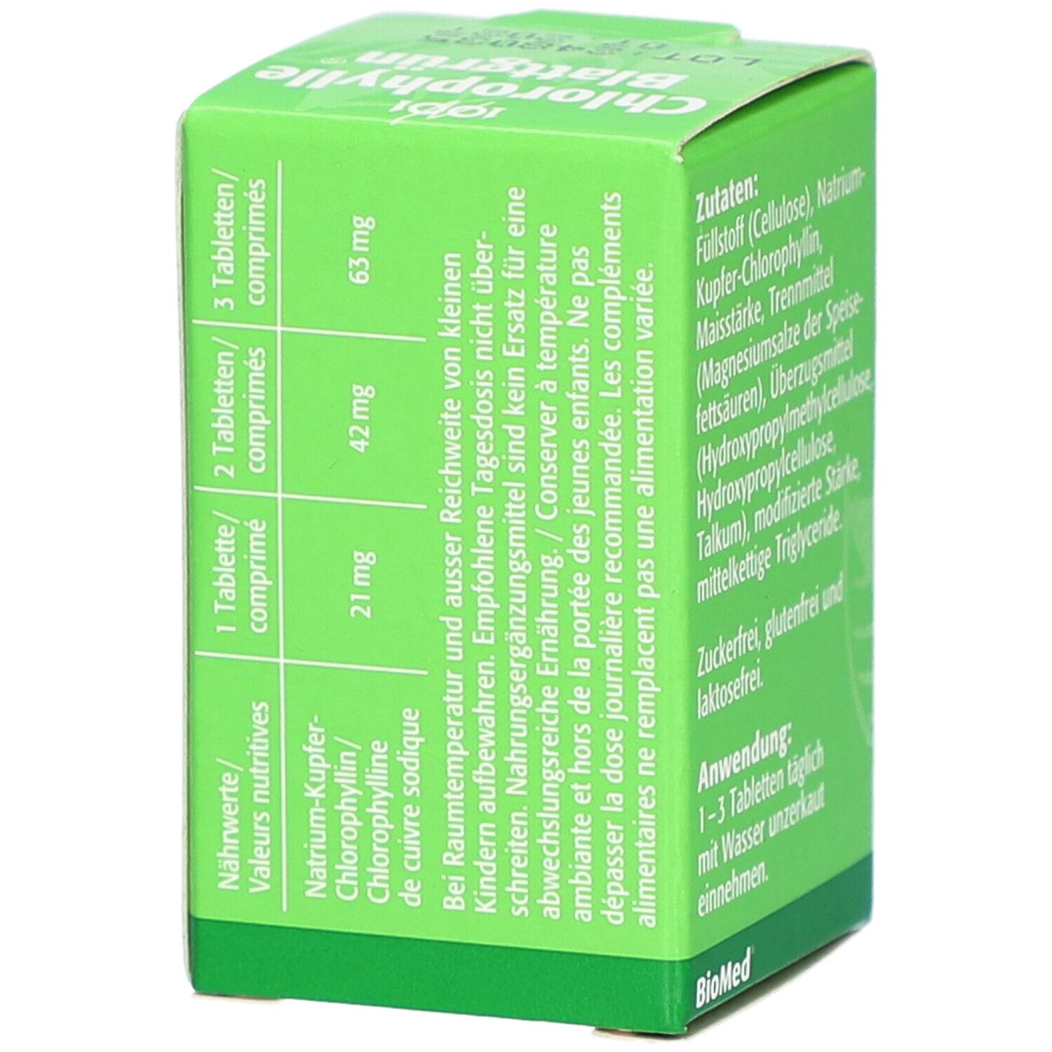 Grüne Schachtel mit Nährwertangaben und Dosierungsempfehlungen. Text in Deutsch und Französisch.