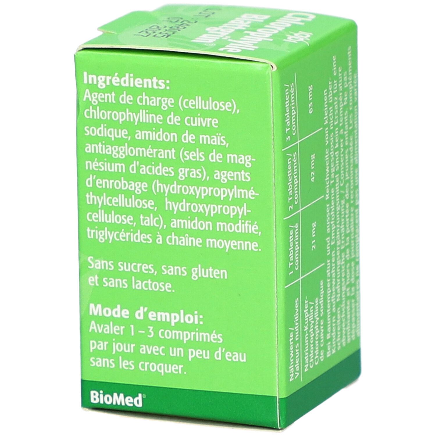 Rückseite der grünen Schachtel mit Inhaltsstoffen und Anwendungshinweisen. Text in Deutsch und Französisch. Marke: BioMed.