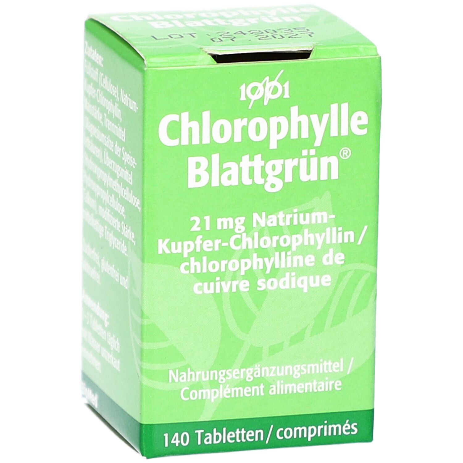 Grüne Schachtel mit "Chlorophylle Blattgrün" und Text in Deutsch und Französisch. 140 Tabletten.