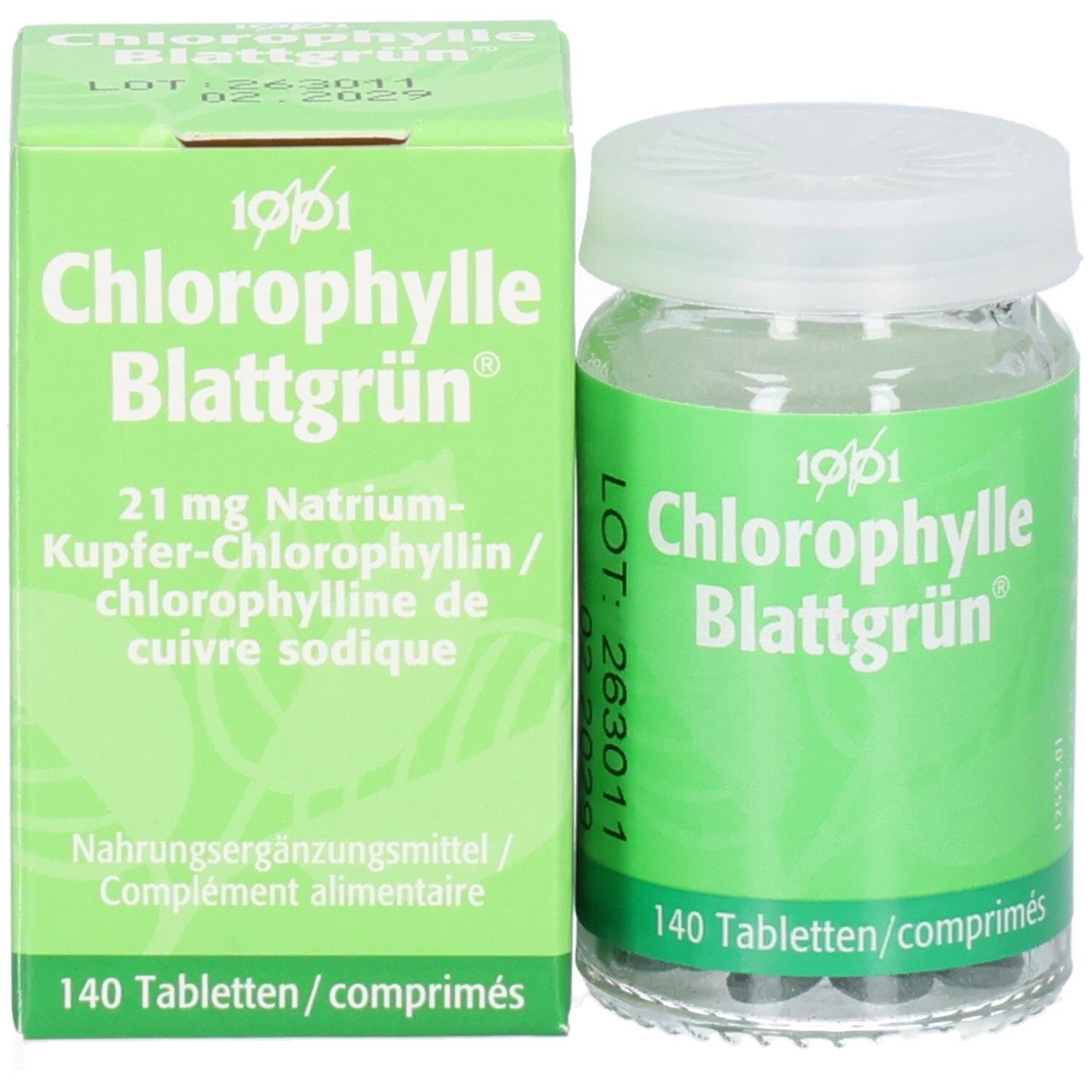 Verpackung und Glasflasche nebeneinander. Aufschrift: Chlorophylle Blattgrün, 140 Tabletten/comprimés.
