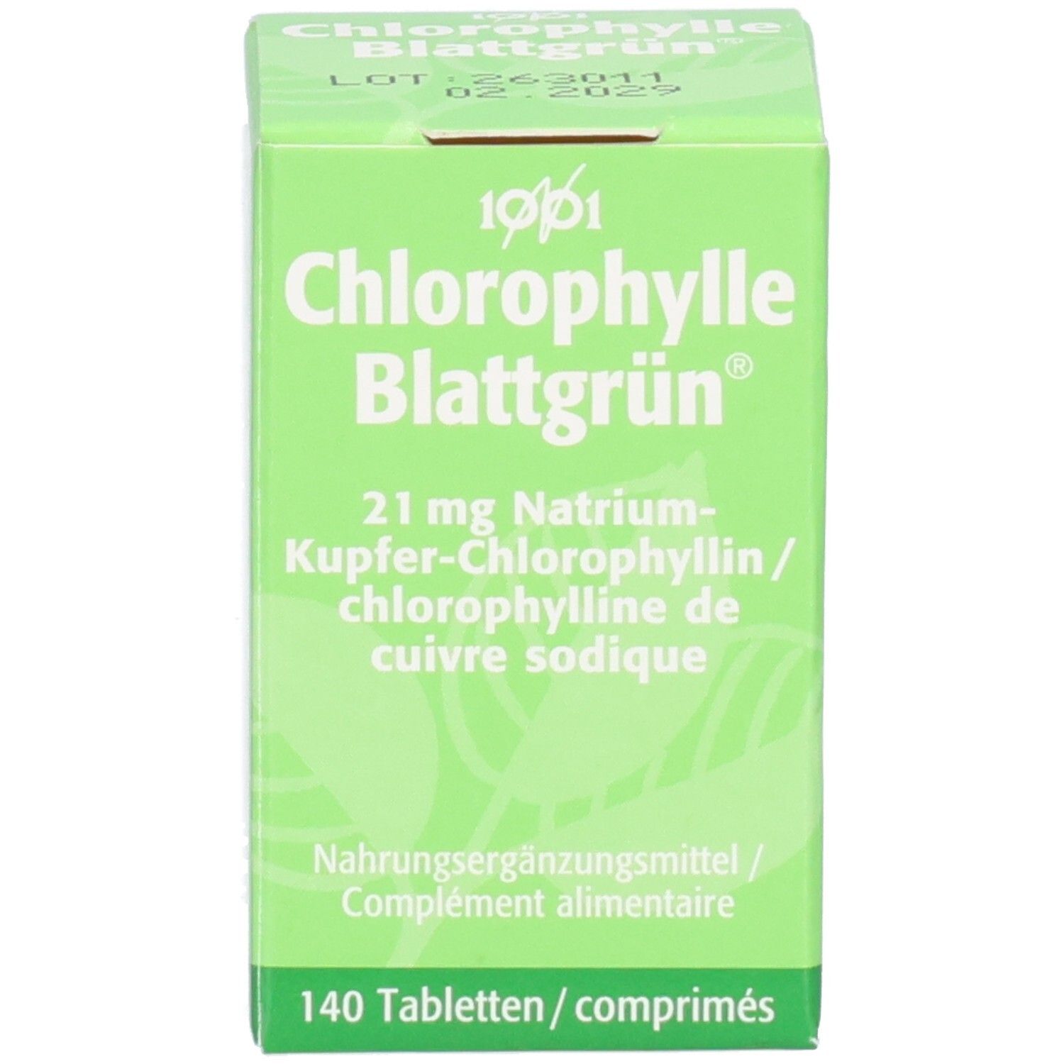 Grüne Verpackungsschachtel. Aufschrift: Chlorophylle Blattgrün, 140 Tabletten/comprimés.