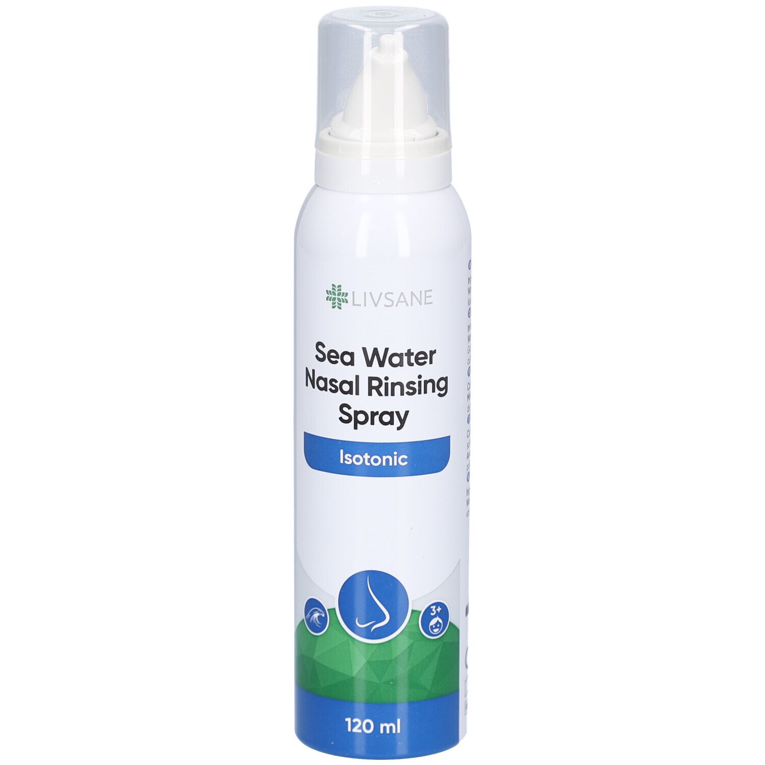 Weißes LIVSANE-Nasenspray mit Sprühkopf. Aufschrift: Sea Water Nasal Rinsing Spray, Isotonic. 120 ml.