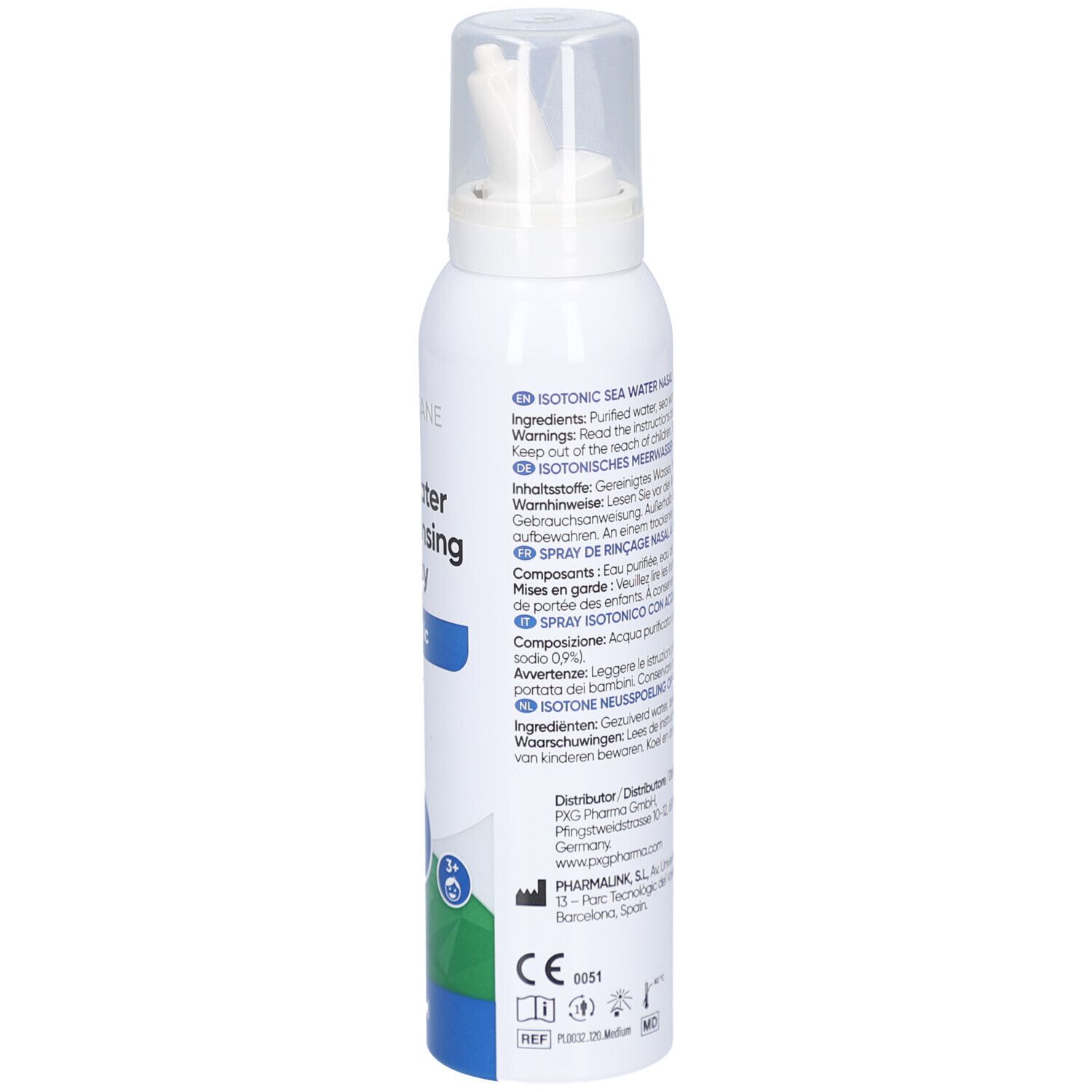 Weißes Nasenspray mit Text. Aufschrift: Sea Water Nasal Rinsing Spray, Isotonic. Mehrsprachige Informationen.