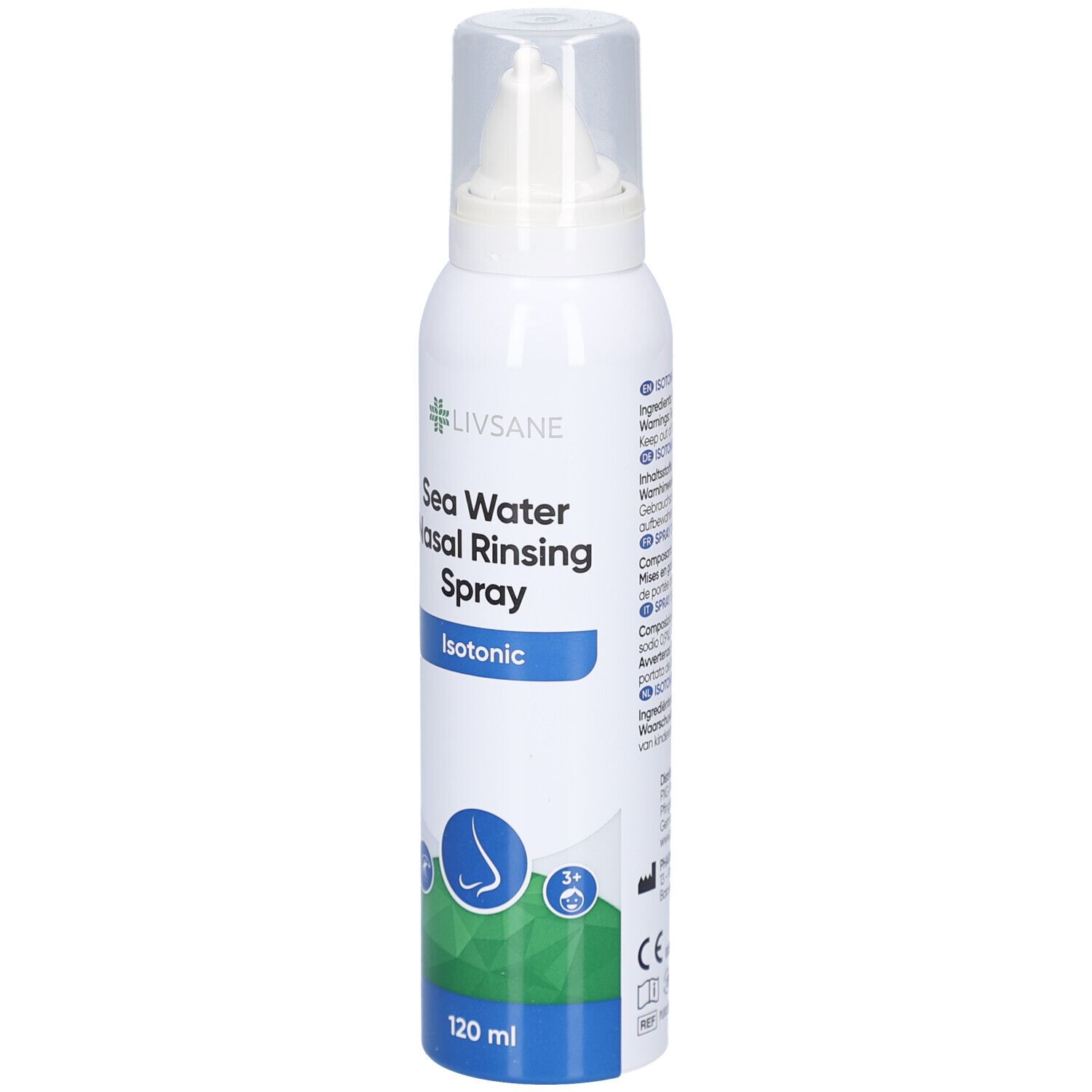 Weißes LIVSANE-Nasenspray mit Sprühkopf. Aufschrift: Sea Water Nasal Rinsing Spray, Isotonic. 120 ml.