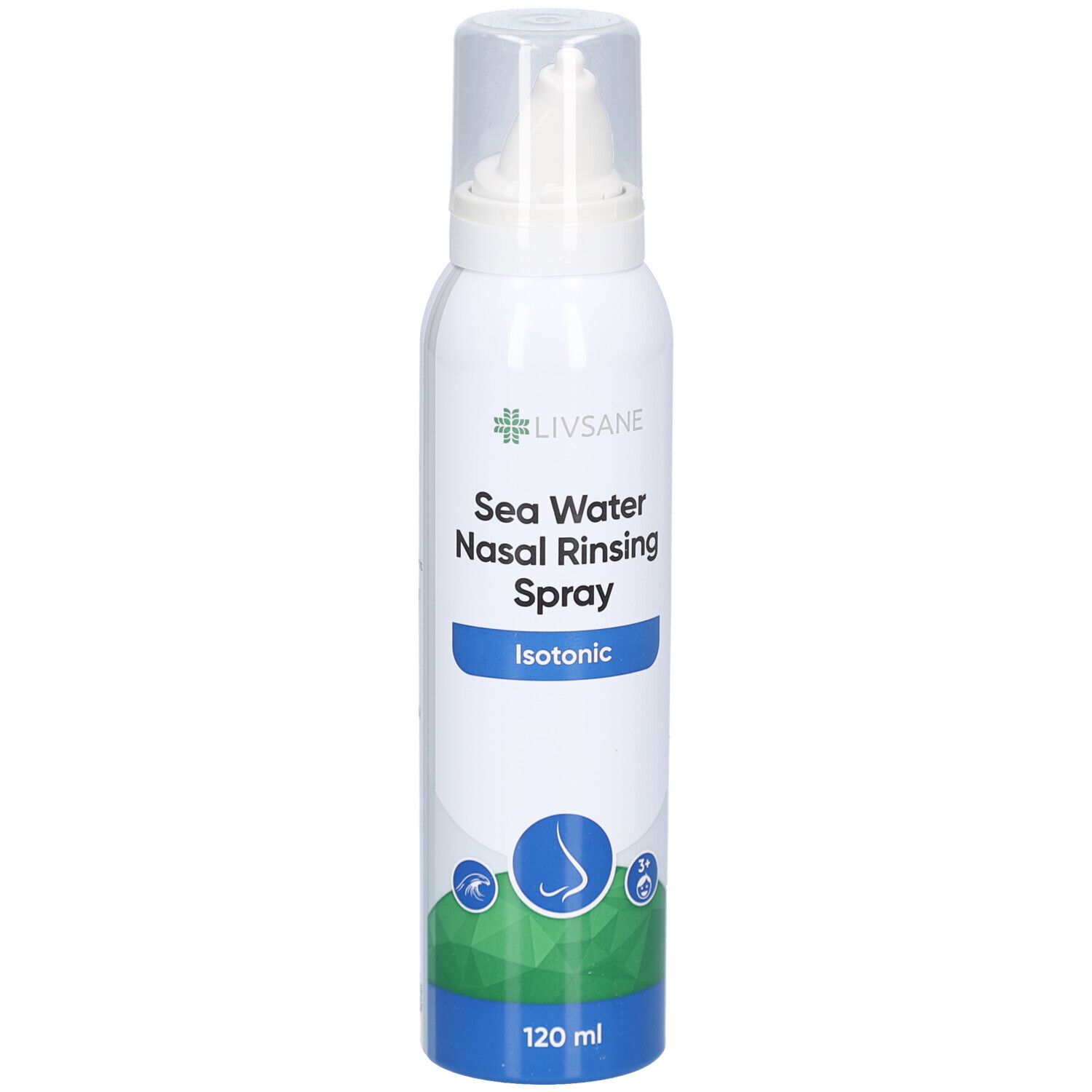 Weißes LIVSANE-Nasenspray mit Sprühkopf. Aufschrift: Sea Water Nasal Rinsing Spray, Isotonic. 120 ml.