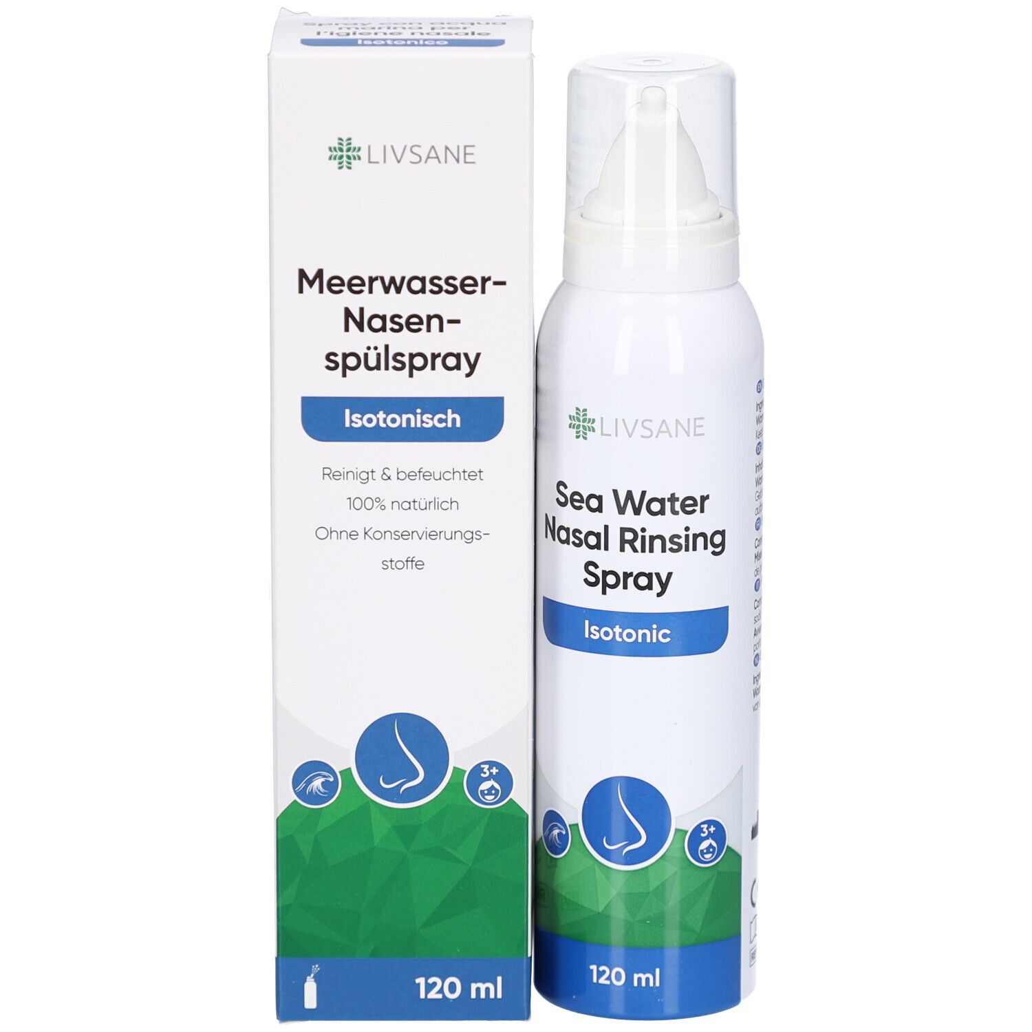 LIVSANE-Nasenspray und Verpackung. Aufschrift: Meerwasser-Nasenspülspray, Isotonisch. 120 ml.