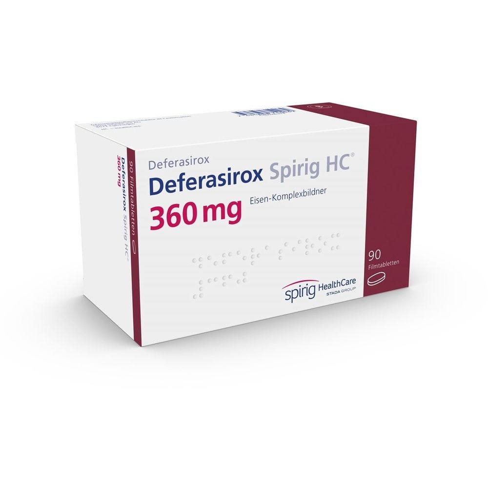 Boîte blanche avec accent rouge. Inscription: Deferasirox Spirig HC 360 mg. Contient 90 comprimés pelliculés. Marque: spirig HealthCare.