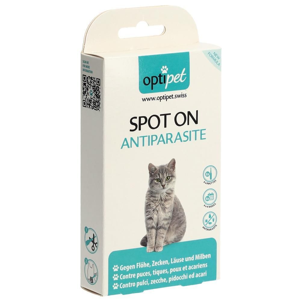 Optipet Spot On Antiparasite Katzen Verpackung mit Katze und Produktinformationen.