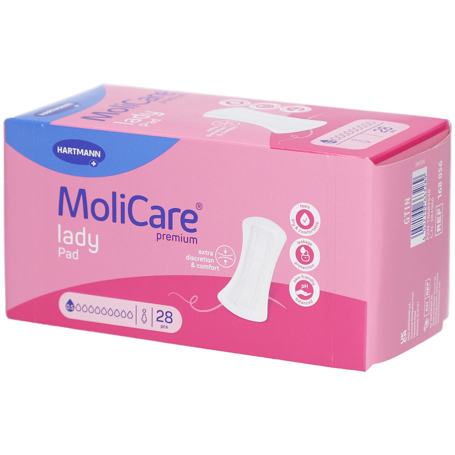 Rosa Verpackung mit Hartmann MoliCare lady Pad. 28 Stück. Aufdrucke: extra Diskretion & Komfort, Piktogramme.