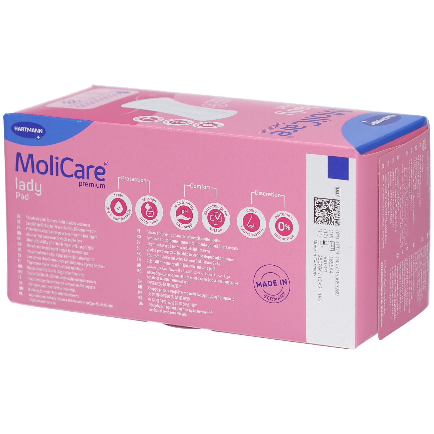 Rosa Verpackung Hartmann MoliCare lady Pad. Rückseite mit Produktinformationen und Piktogrammen. Made in Germany.