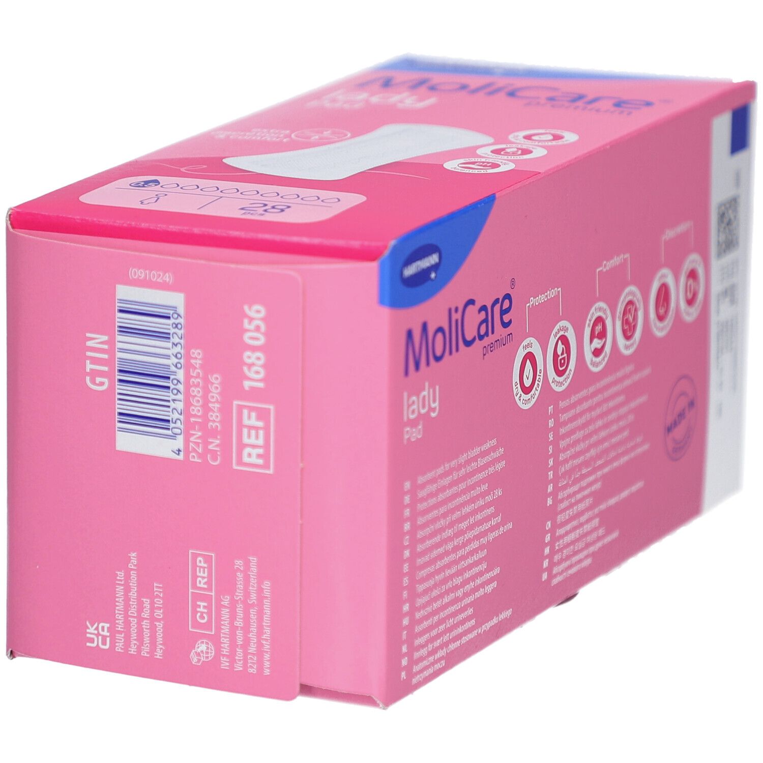 Rosa Verpackung Hartmann MoliCare lady Pad. Aufdrucke: GTIN, REF 168 056. Seitenansicht.
