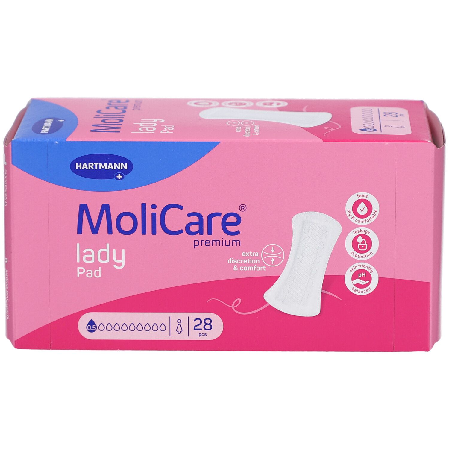 Rosa Verpackung Hartmann MoliCare lady Pad. Aufdrucke: Hartmann, lady Pad, 28 Stück. Piktogramme.