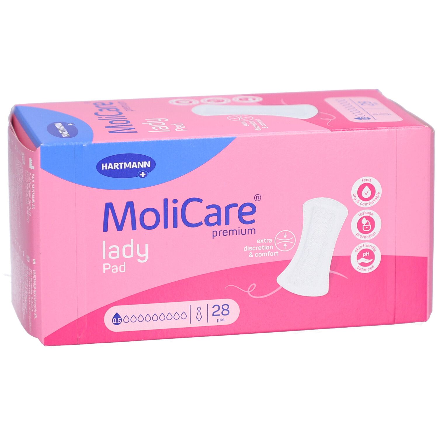 Rosa Verpackung Hartmann MoliCare lady Pad. Aufdrucke: Hartmann, lady Pad, 28 Stück. Piktogramme.