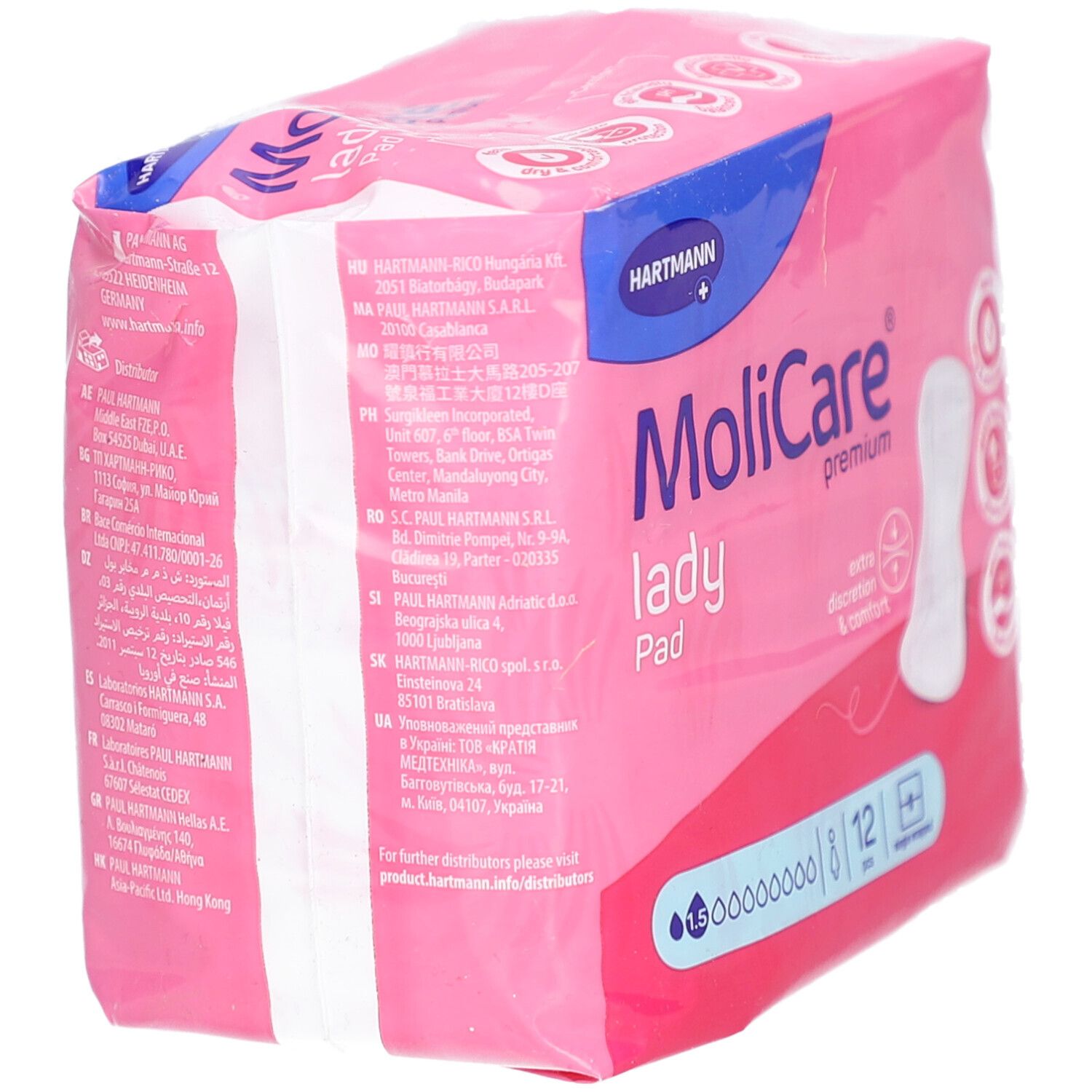 Rosa Verpackung MoliCare Lady Pad. Rückseite mit Text. Hartmann Logo. 12 Stück. Einzeln verpackt. Informationen zu Hersteller und Vertrieb.