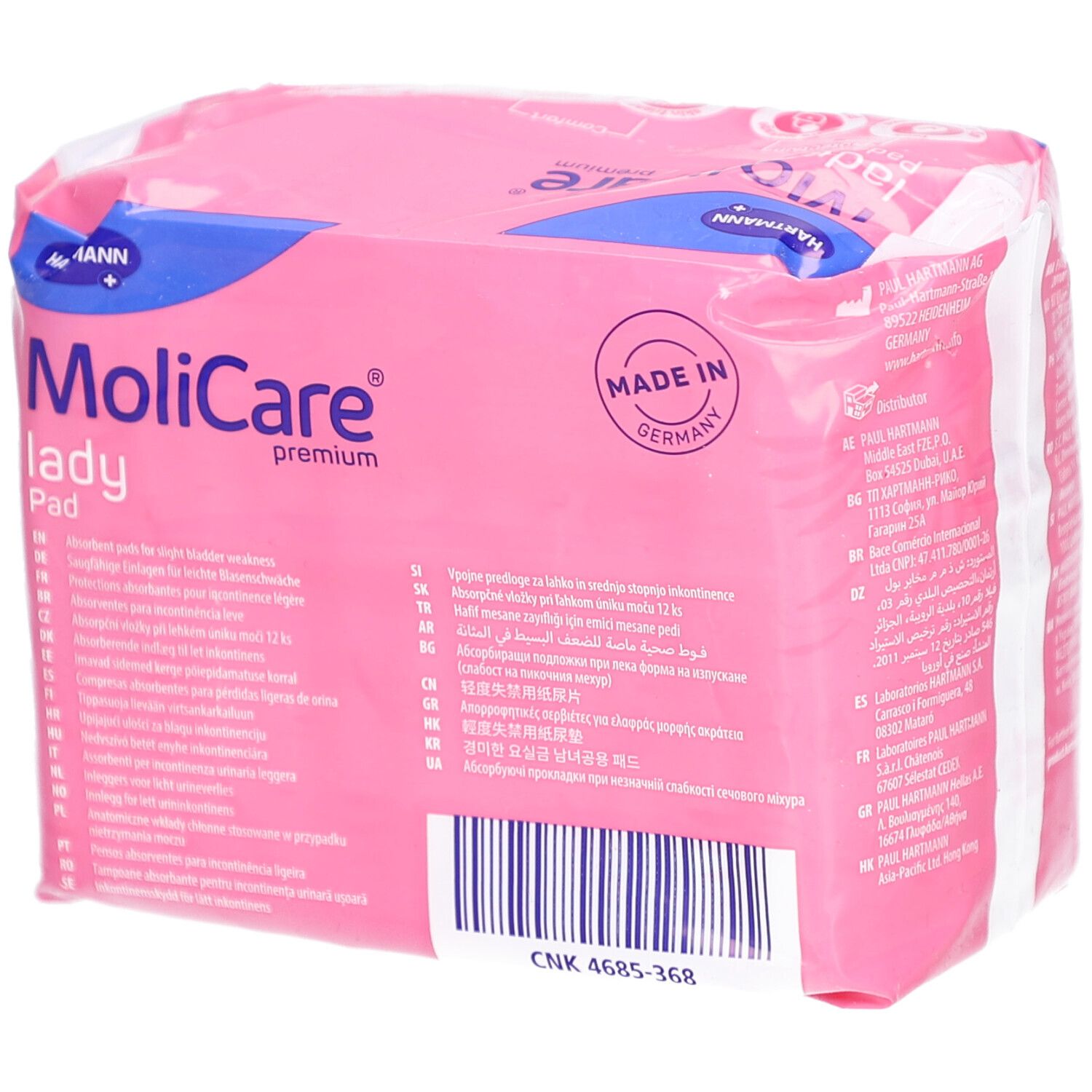 Rosa Verpackung MoliCare Lady Pad. Rückseite mit Text. Made in Germany. Hartmann Logo. Informationen zu Hersteller und Vertrieb.