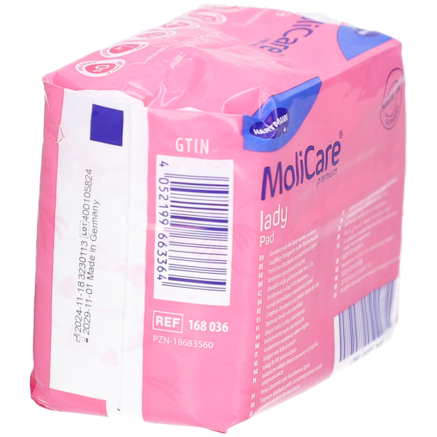 Rosa Verpackung MoliCare Lady Pad. Rückseite mit Barcode, REF und PZN. Hartmann Logo. Informationen zu Hersteller und Vertrieb.