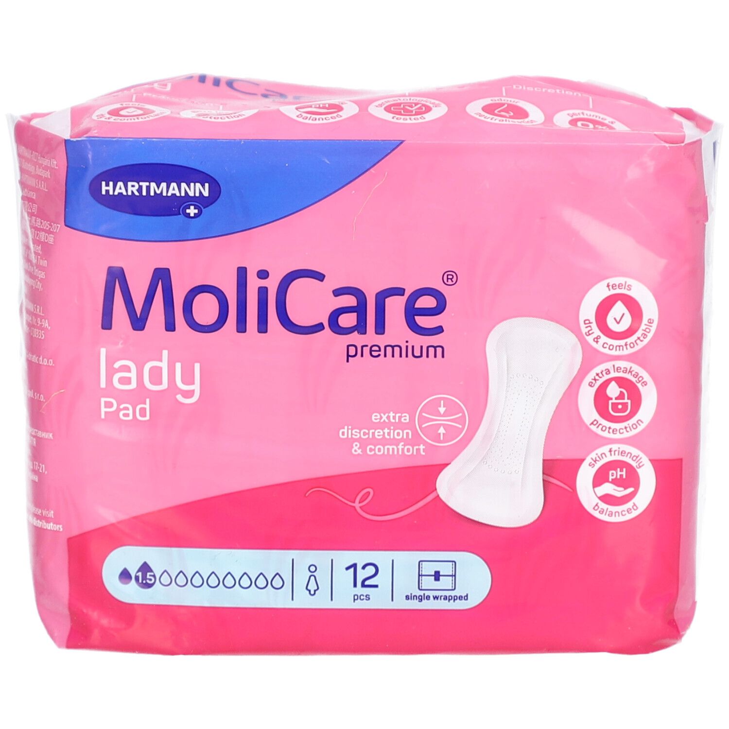 Rosa Verpackung mit MoliCare Lady Pad. 12 Stück. Einzeln verpackt. Eigenschaften: trocken, komfortabel, auslaufsicher, hautfreundlich, pH-neutral.