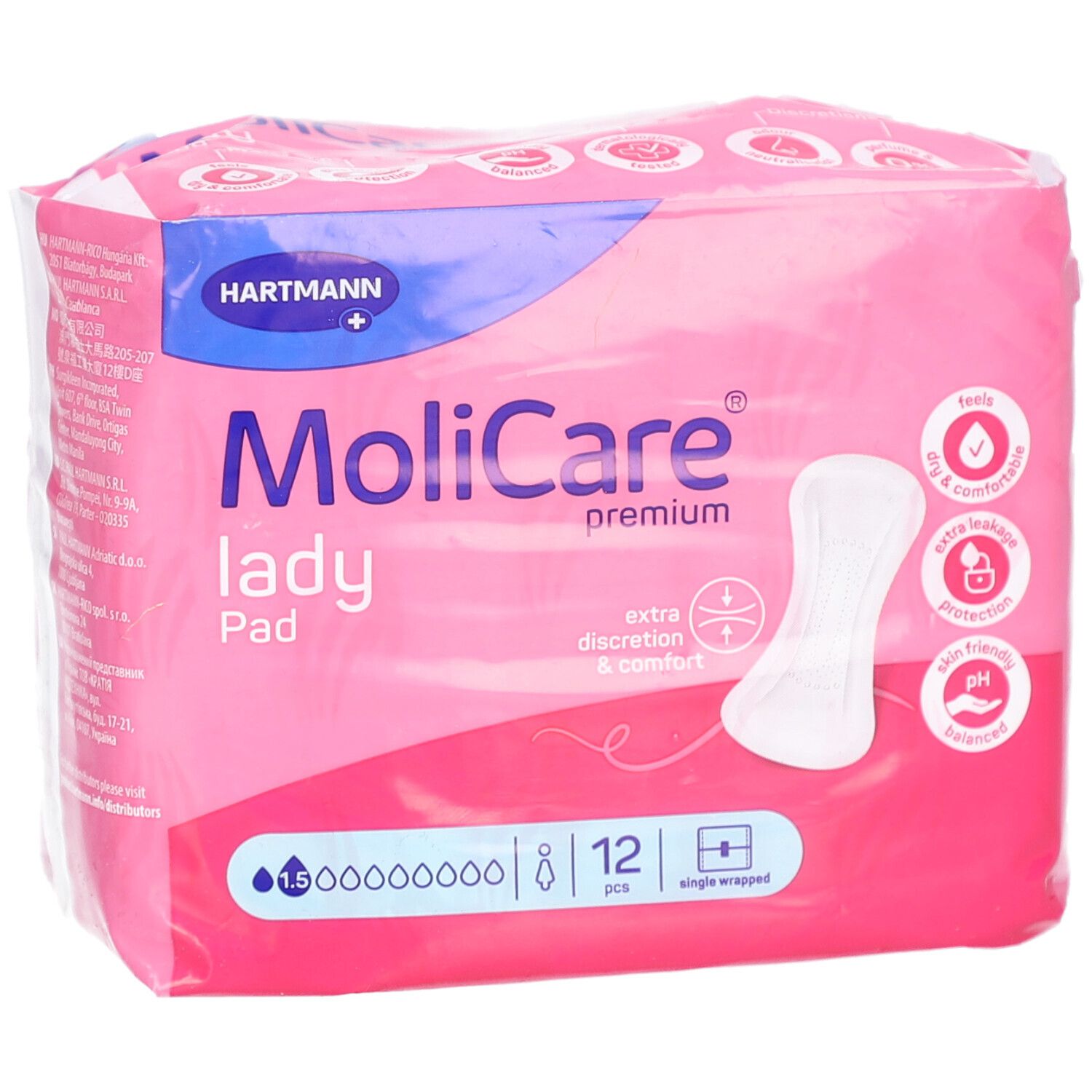 Rosa Verpackung mit MoliCare Lady Pad. 12 Stück. Einzeln verpackt. Eigenschaften: trocken, komfortabel, auslaufsicher, hautfreundlich, pH-neutral.