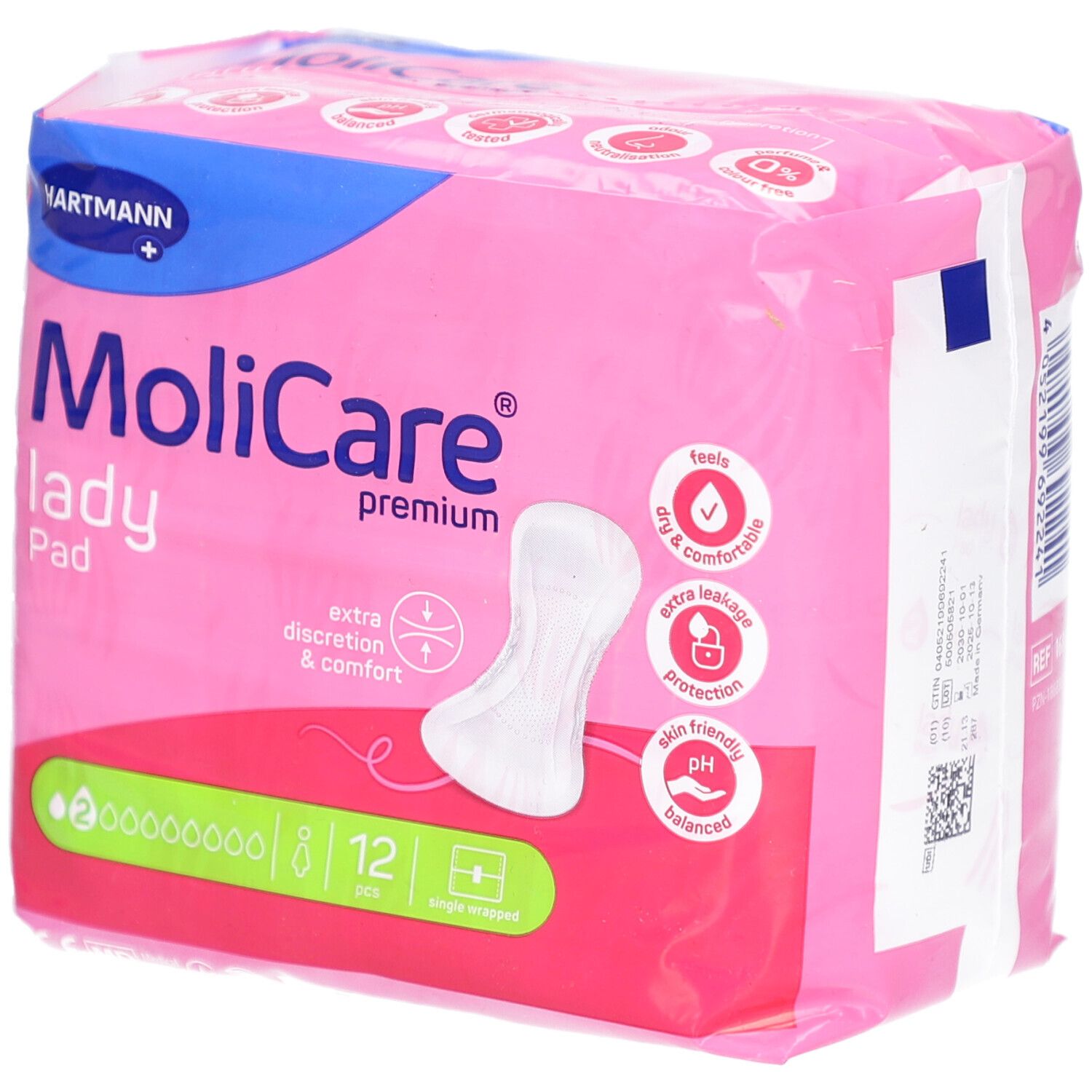 Rosa Verpackung mit MoliCare Lady Pad. Enthält 12 Stück. Aufdrucke: Hartmann, premium, extra Diskretion & Komfort, pH-Wert.