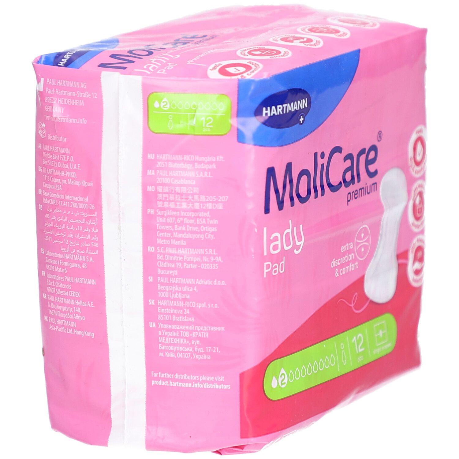 Rosa Verpackung mit MoliCare Lady Pad. Enthält 12 Stück. Aufdrucke: Hartmann, premium, extra Diskretion & Komfort, pH-Wert.