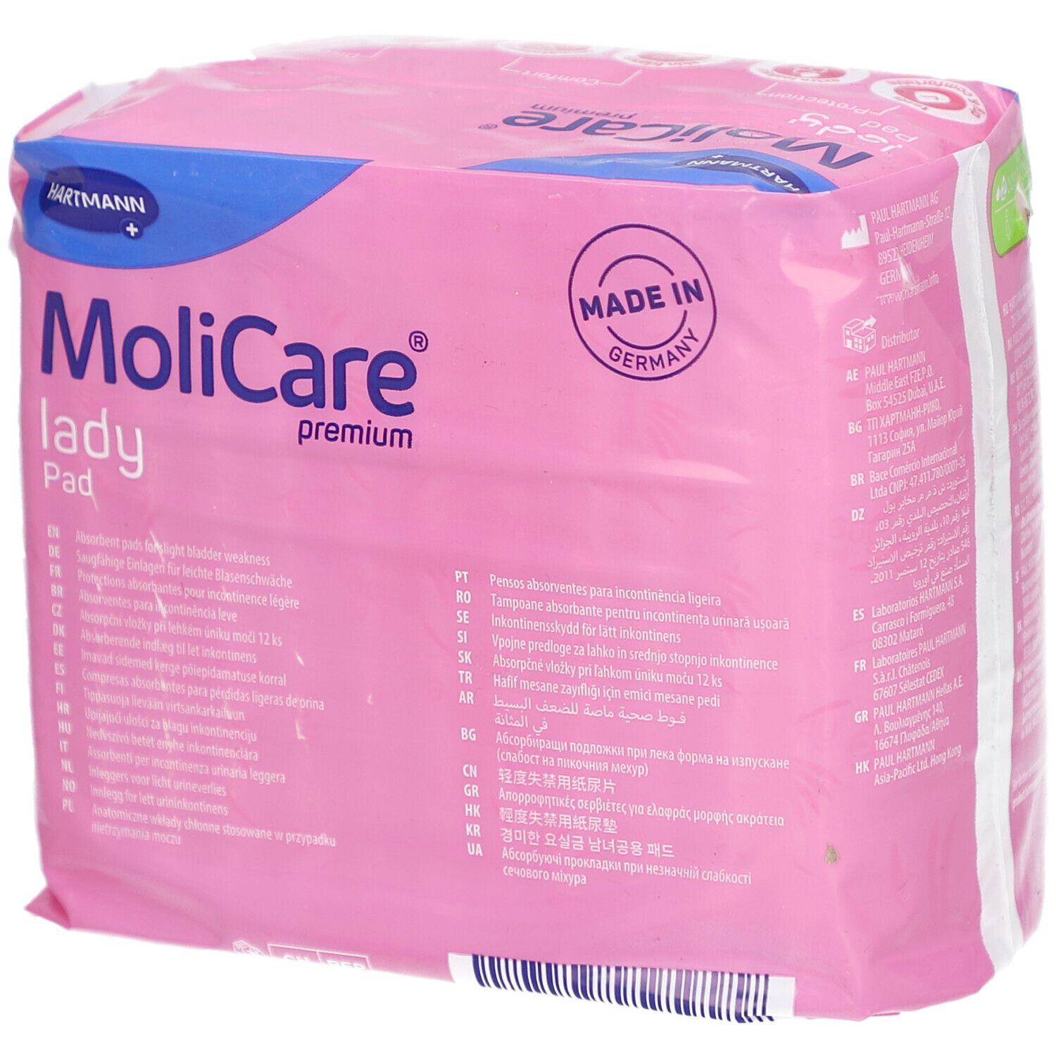 Rosa Verpackung mit MoliCare Lady Pad. Enthält 12 Stück. Aufdrucke: Hartmann, premium, extra Diskretion & Komfort, pH-Wert.