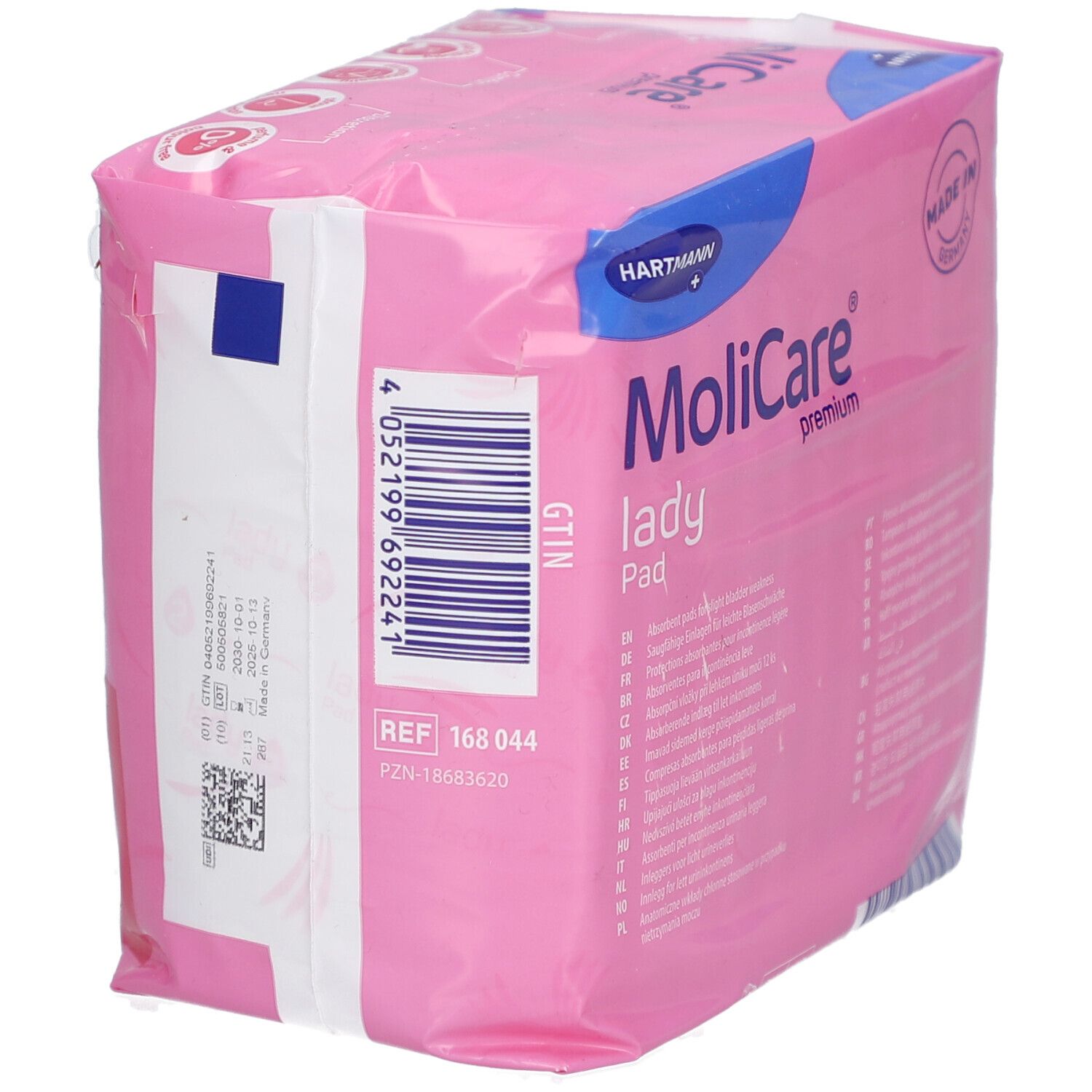 Rosa Verpackung mit MoliCare Lady Pad. Enthält 12 Stück. Aufdrucke: Hartmann, premium, extra Diskretion & Komfort, pH-Wert.