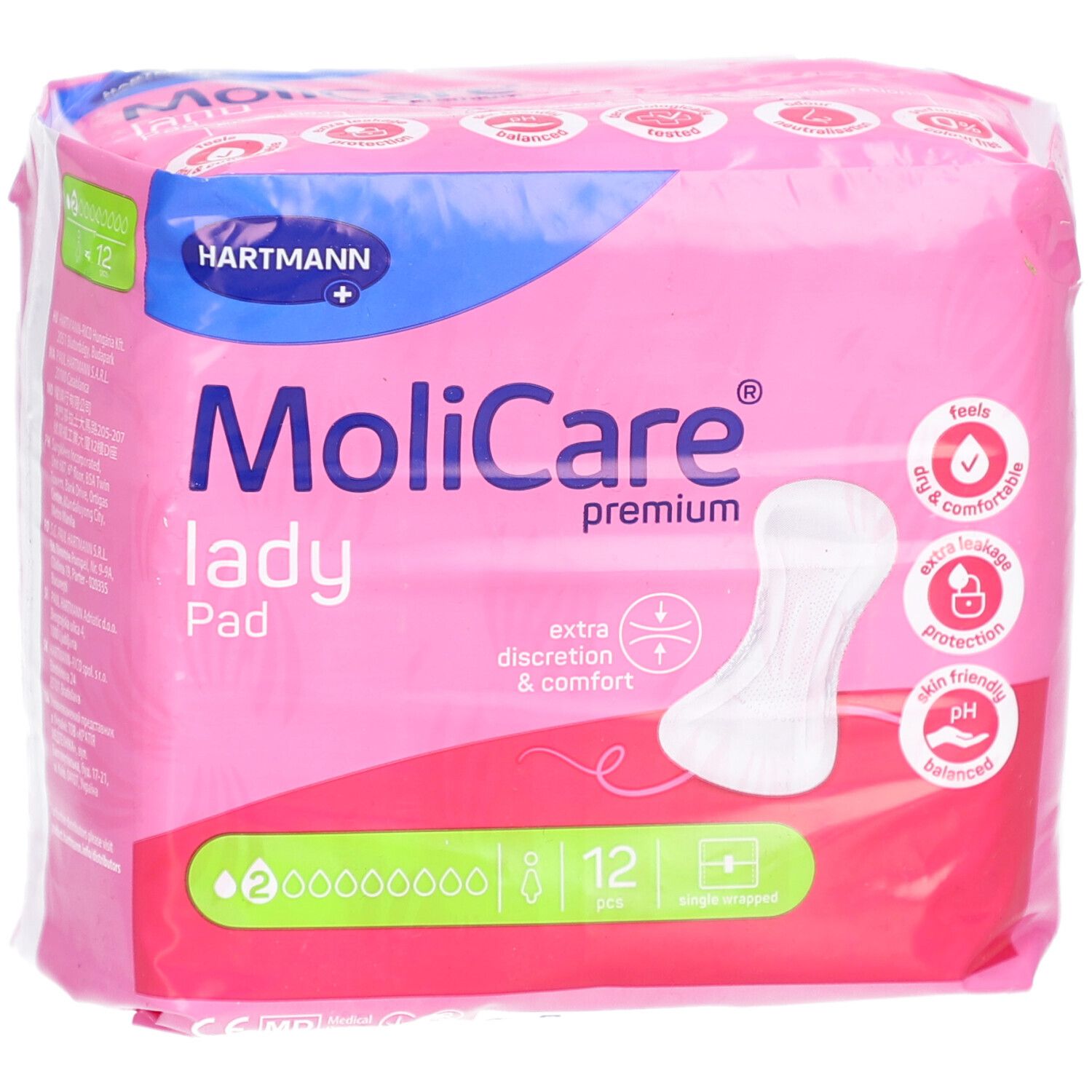 Rosa Verpackung mit MoliCare Lady Pad. Enthält 12 Stück. Aufdrucke: Hartmann, premium, extra Diskretion & Komfort, pH-Wert.