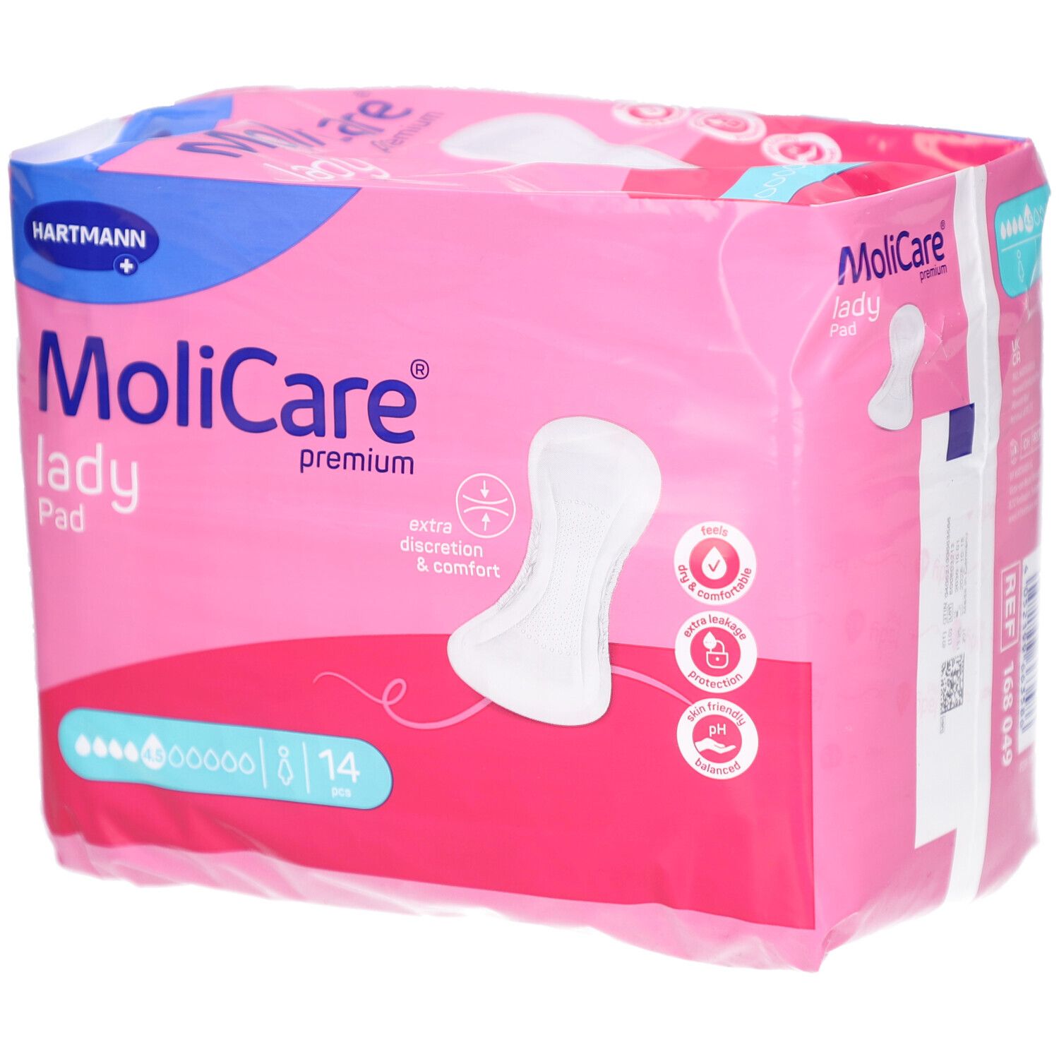 Paquet de MoliCare Lady Pad. Emballage rose avec image du produit et logo. 14 pièces.