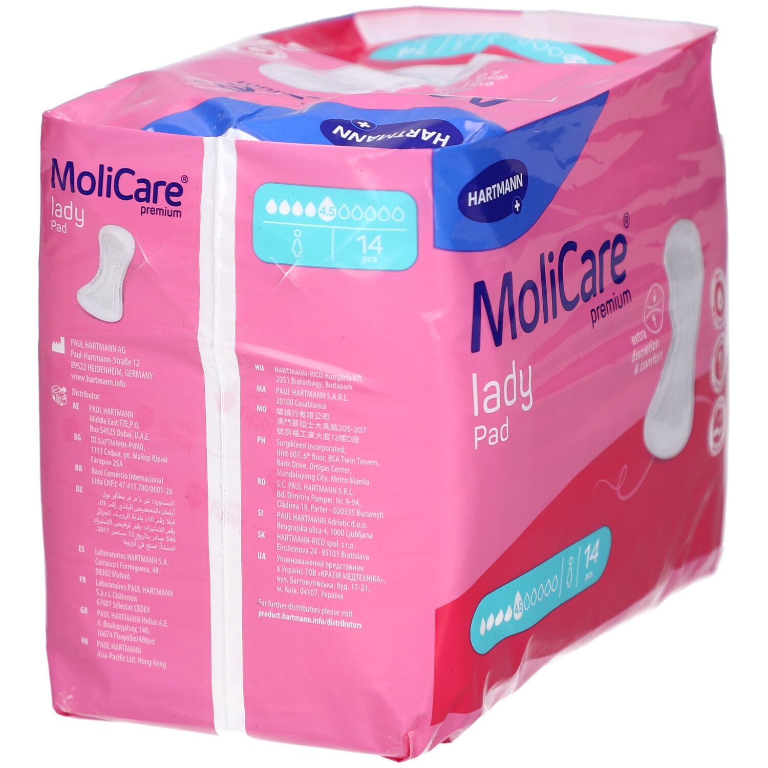 Paquet de MoliCare Lady Pad. Emballage rose avec nom du produit et logo. 14 pièces.