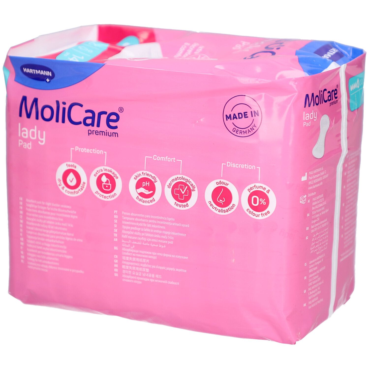 Paquet de MoliCare Lady Pad. Emballage rose avec informations et logo. Fabriqué en Allemagne.
