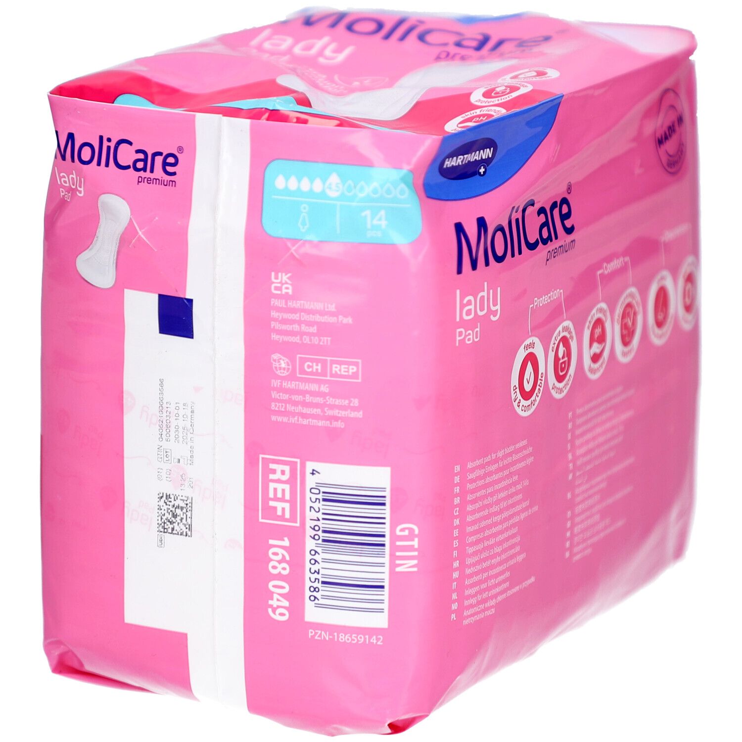 Paquet de MoliCare Lady Pad. Emballage rose avec informations et logo. 14 pièces.