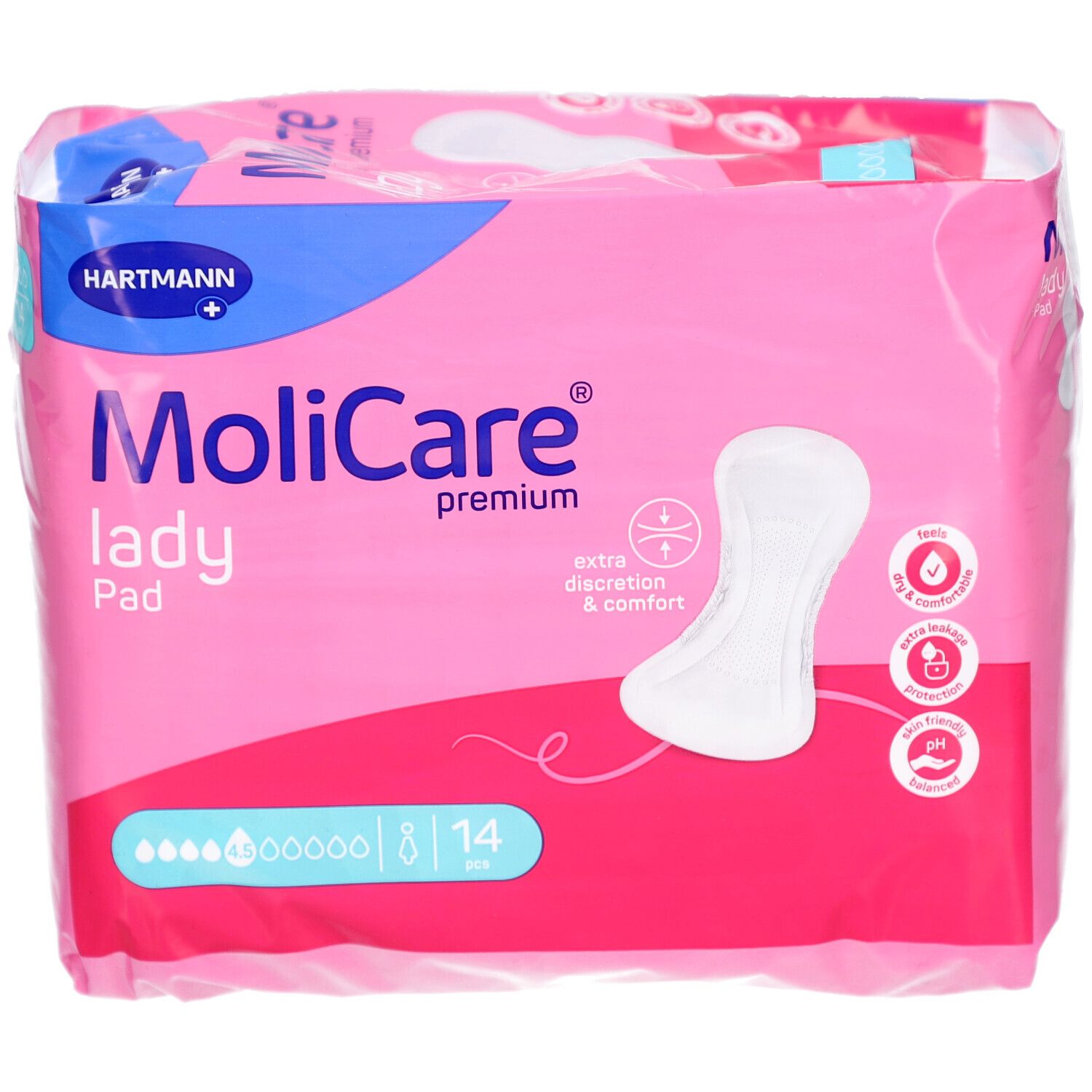 Paquet de MoliCare Lady Pad. Emballage rose avec image du produit et logo. 14 pièces.