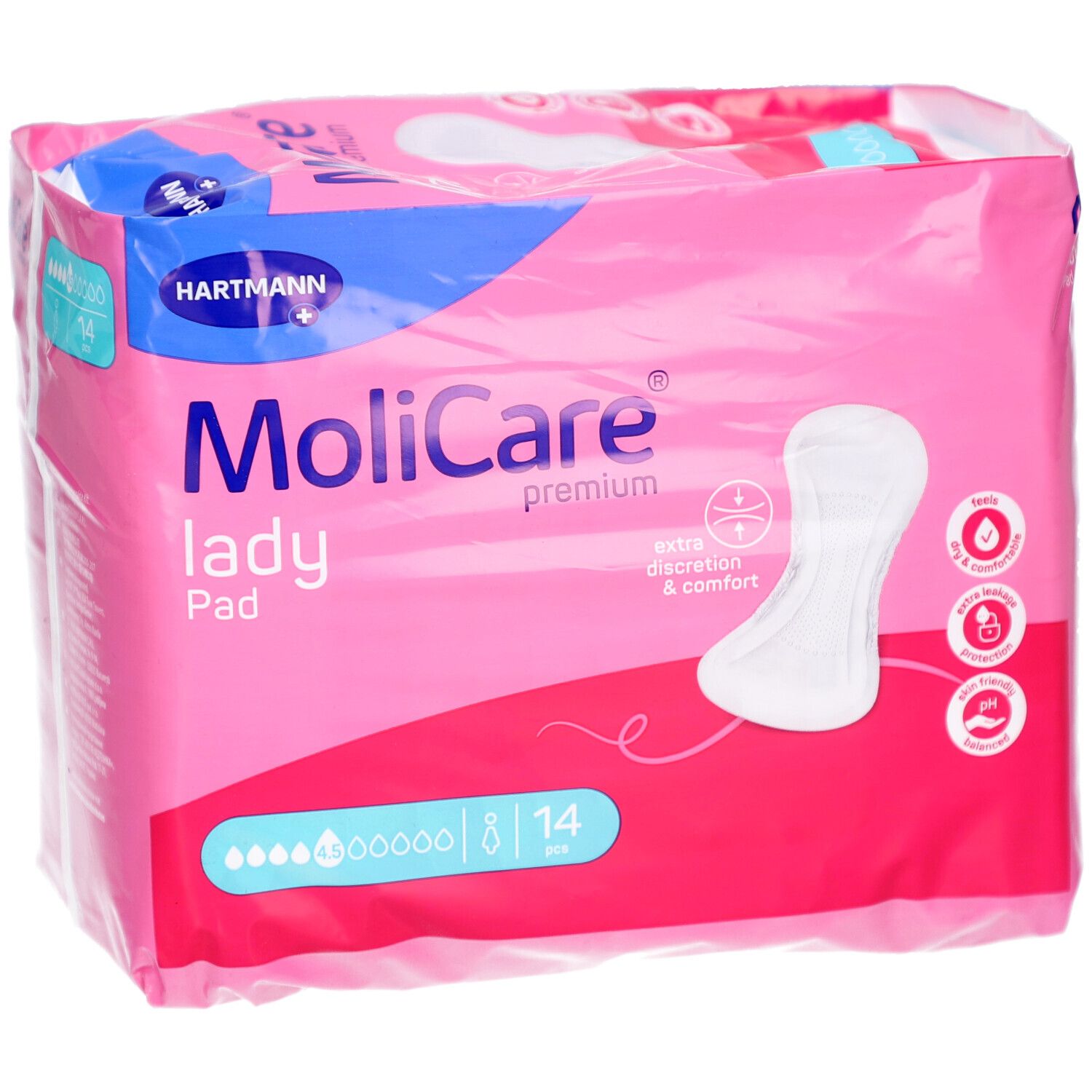 Paquet de MoliCare Lady Pad. Emballage rose avec image du produit et logo. 14 pièces.