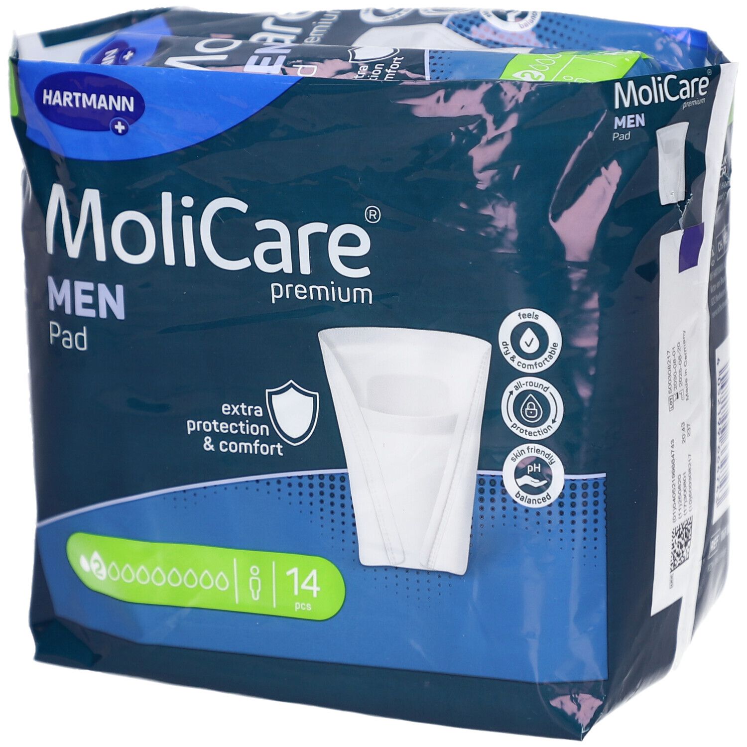 Paquet de MoliCare Men Pad. Emballage bleu avec nom du produit et logo. 14 pièces.