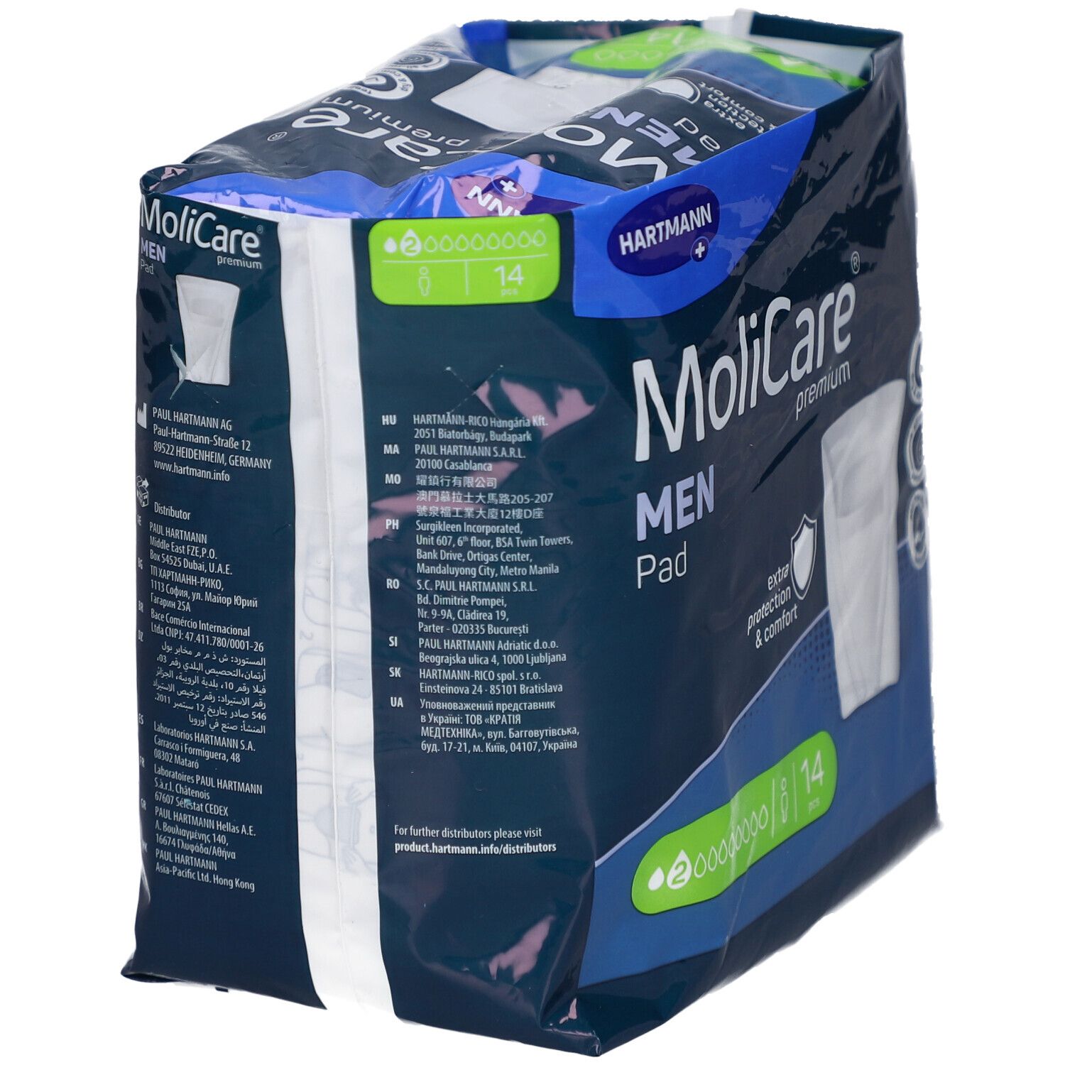 Dos du paquet MoliCare Men Pad. Informations textuelles et logo. Emballage bleu.