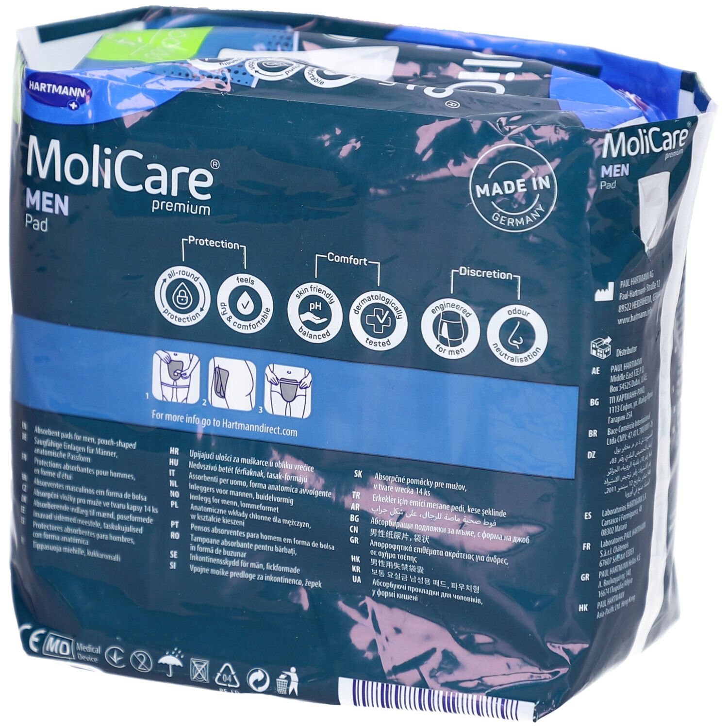 Dos du paquet MoliCare Men Pad. Informations produit, logos et 'Made in Germany'.