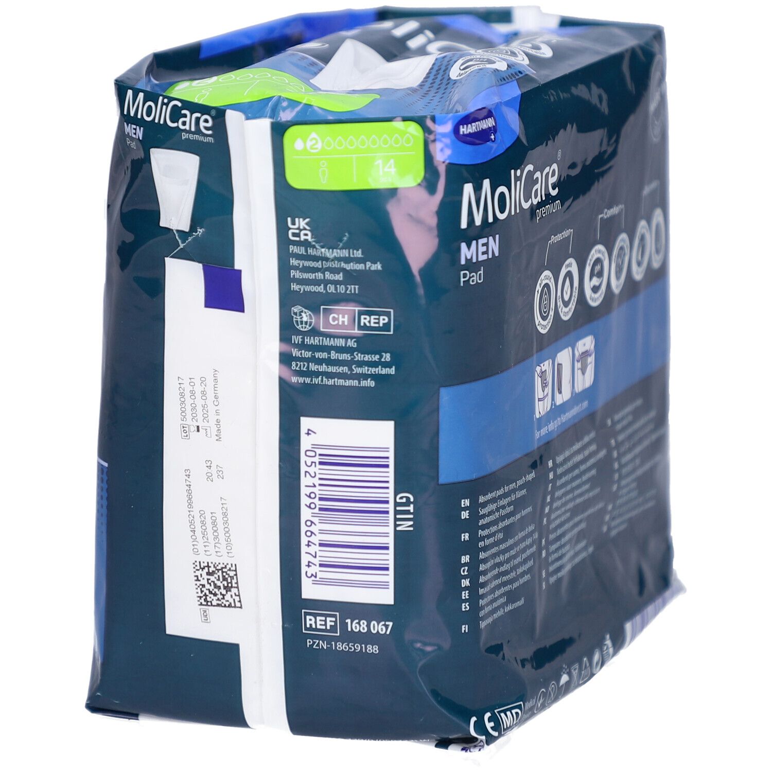 Côté du paquet MoliCare Men Pad. Texte, logos et code GTIN. Emballage bleu.