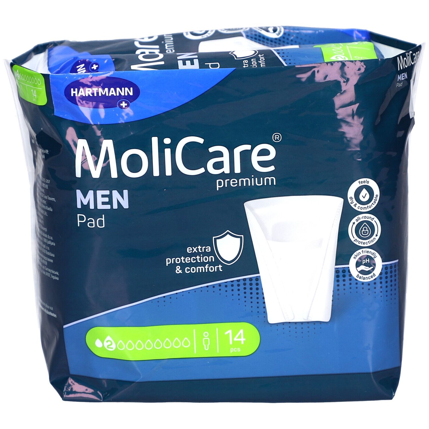 Paquet MoliCare Men Pad. Emballage bleu avec nom du produit et logo. 14 pièces.