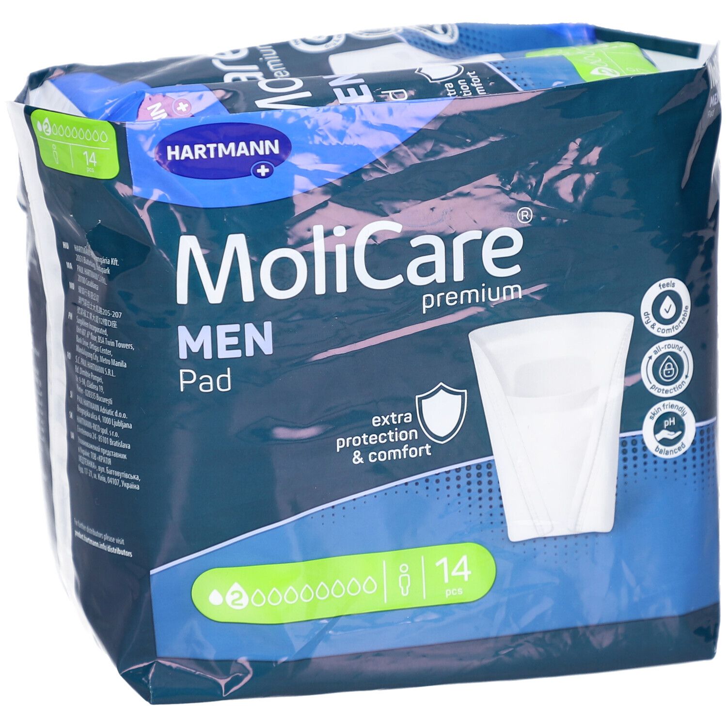 Paquet MoliCare Men Pad. Emballage bleu avec nom du produit et logo. 14 pièces.