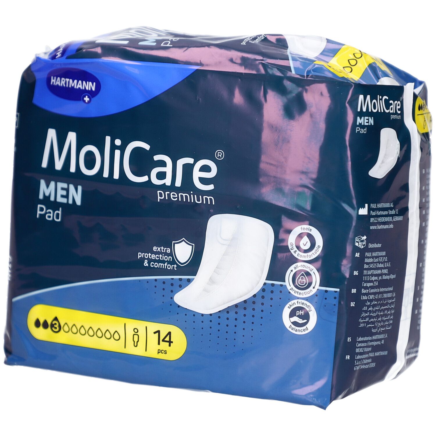Paquet de MoliCare MEN Pad Niveau 3. Emballage bleu avec image du produit et logo. 14 pièces.