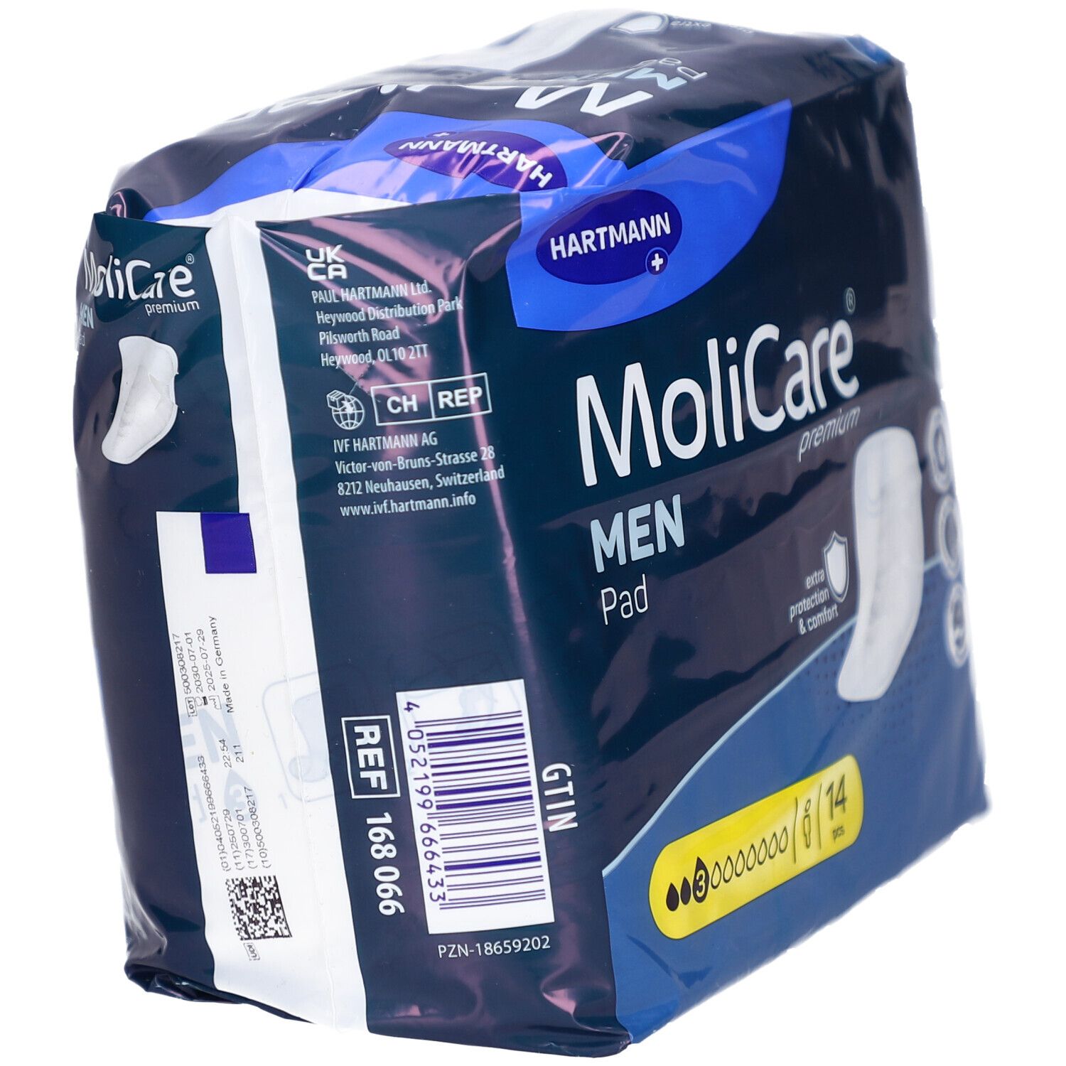Paquet de MoliCare MEN Pad Niveau 3. Emballage bleu avec image du produit et logo. Code-barres et informations fabricant.