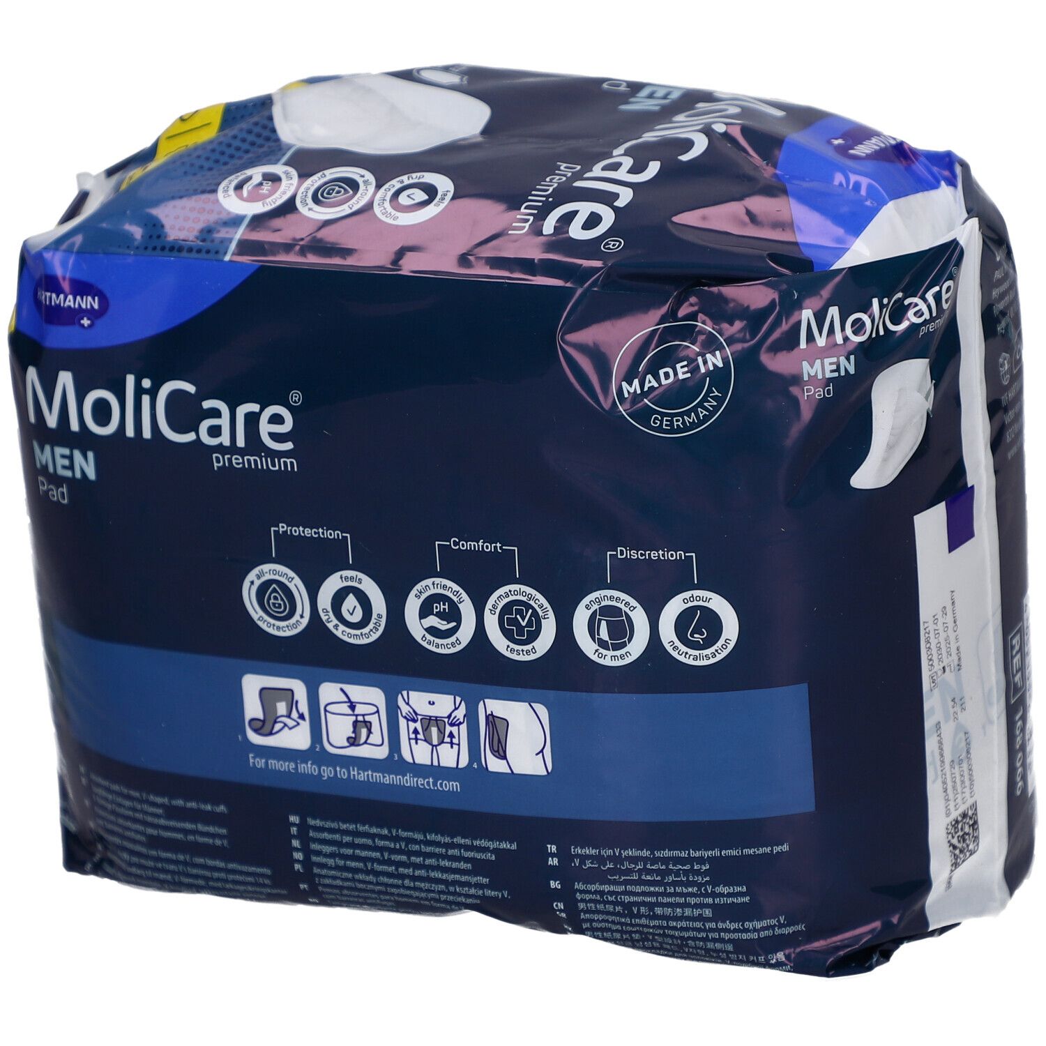 Dos du paquet MoliCare MEN Pad. Emballage bleu avec informations produit et logos. Fabriqué en Allemagne.