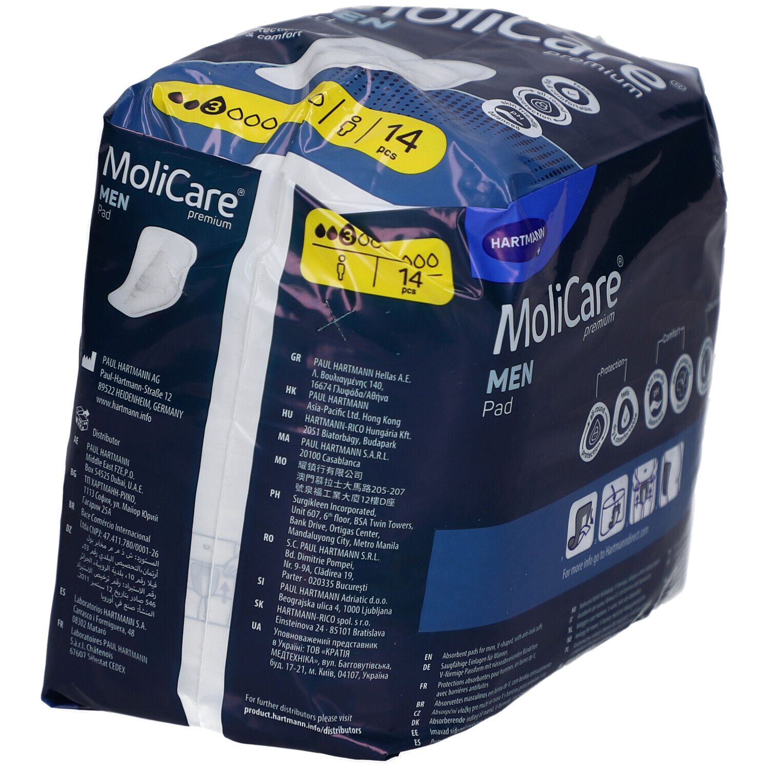 Paquet MoliCare MEN Pad. Emballage bleu avec image du produit et logo. 14 pièces. Informations fabricant.